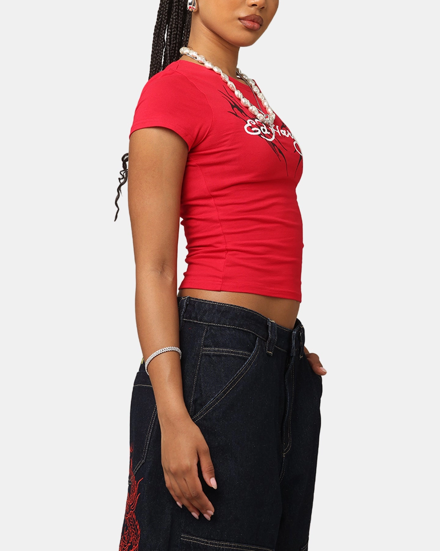 Ed Hardy Women's Tribal Baby T-Shirt Red QuickRelease Closure HiddenZipper