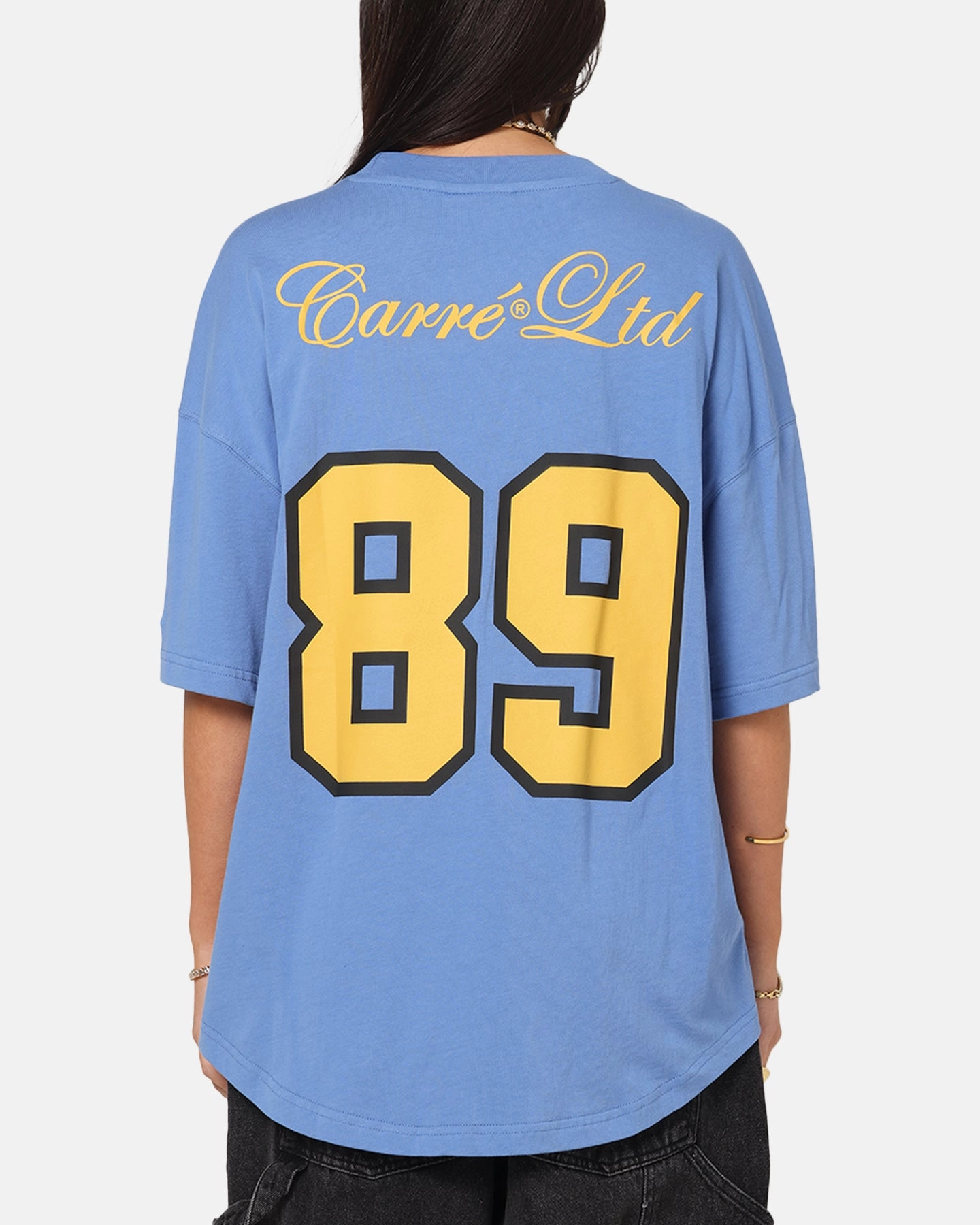 Carre Hitta Grid Iron T-Shirt Blue/Yellow Ribbed Collar Design Bonded Seam Technique