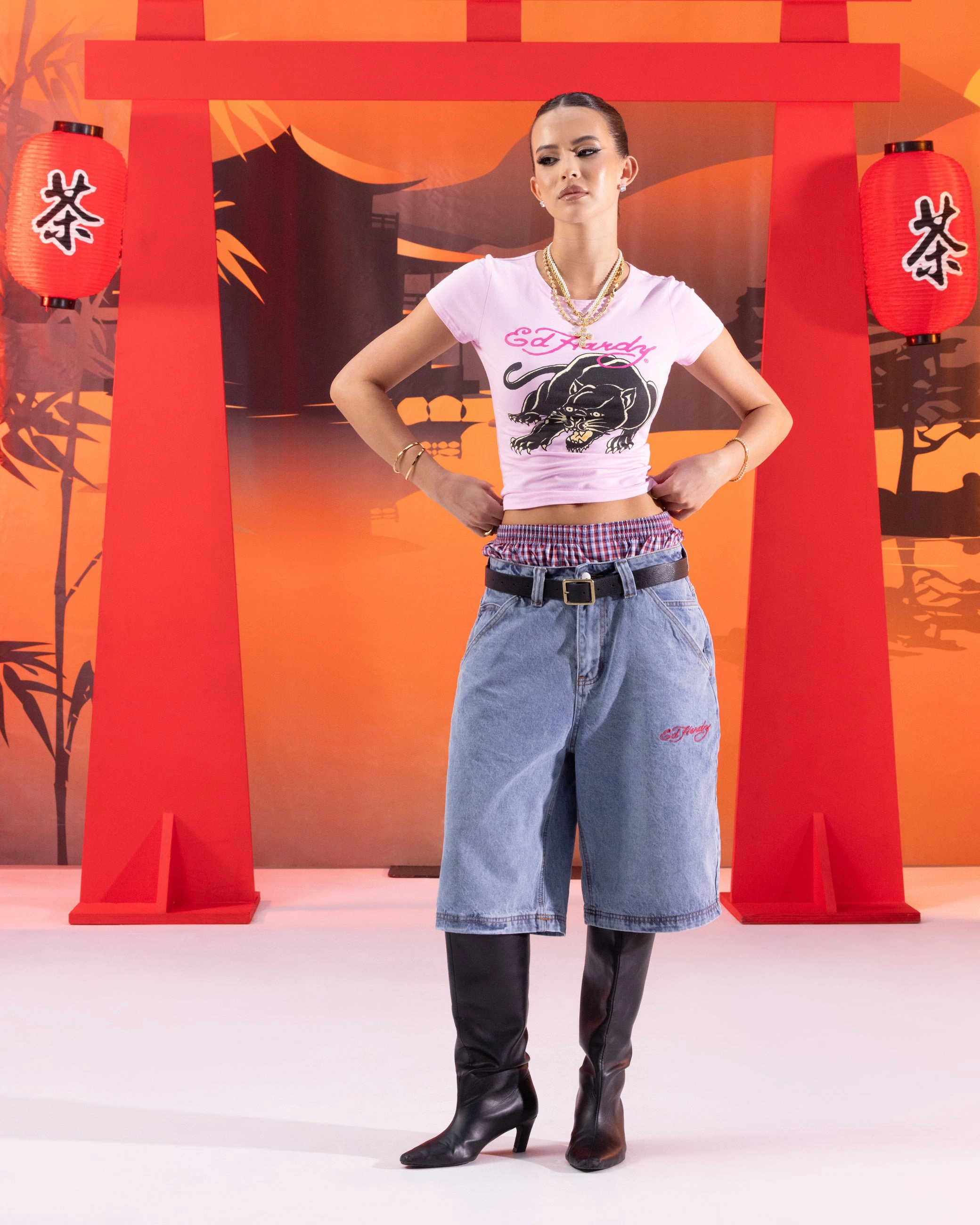 Circular Knit Technique Double Faced Jersey Knit Ed Hardy Women's Panther Baby T-Shirt Pink