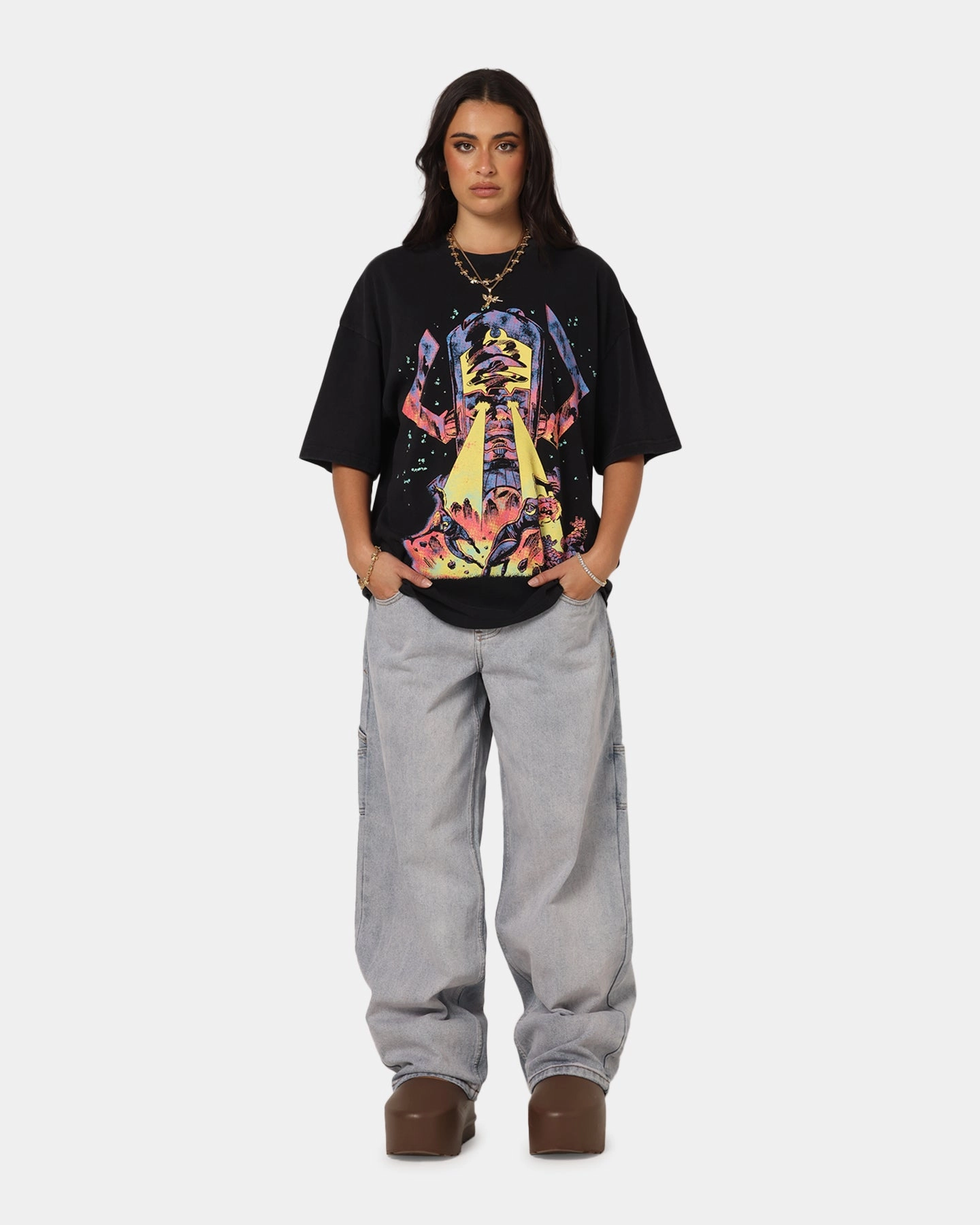 Distressed Texture 73 Studio Marvel Fantastic Four Galactus Universe T-Shirt Black Acidwash