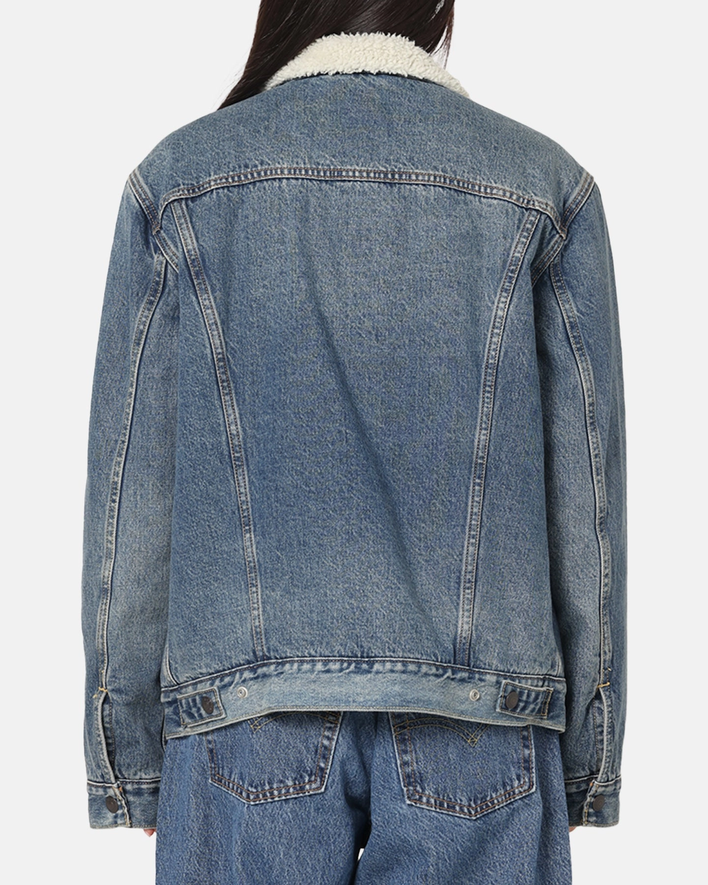 Levi Strauss And Co Relaxed Fit Sherpa Trucker Jacket Blue DroppedShoulder YarnDyed Stripes