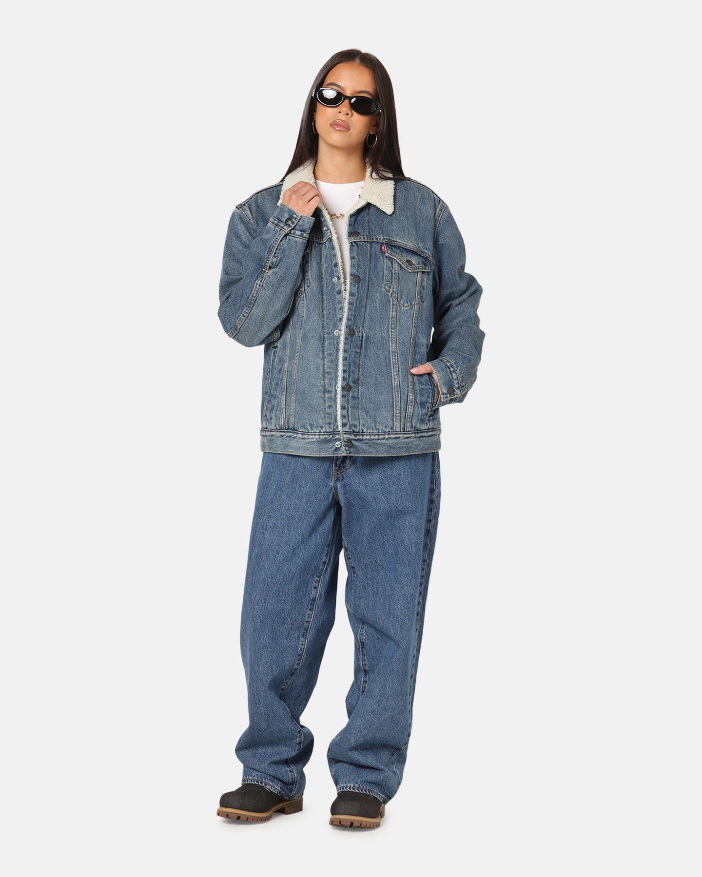 Levi Strauss And Co Relaxed Fit Sherpa Trucker Jacket Blue Placket Detailing