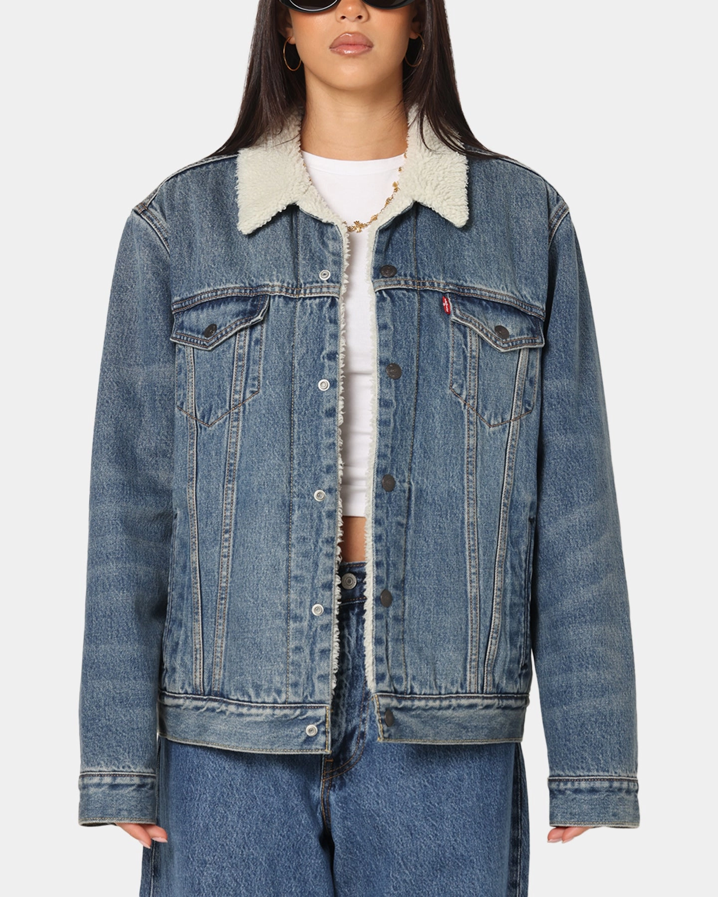 Sandwich Mesh Panel Structure Soft Texture Levi Strauss And Co Relaxed Fit Sherpa Trucker Jacket Blue