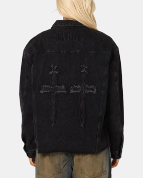 Saint Morta Daggers Cutoff Denim Jacket Vintage Black AntiSlipGrip Stylish Tank