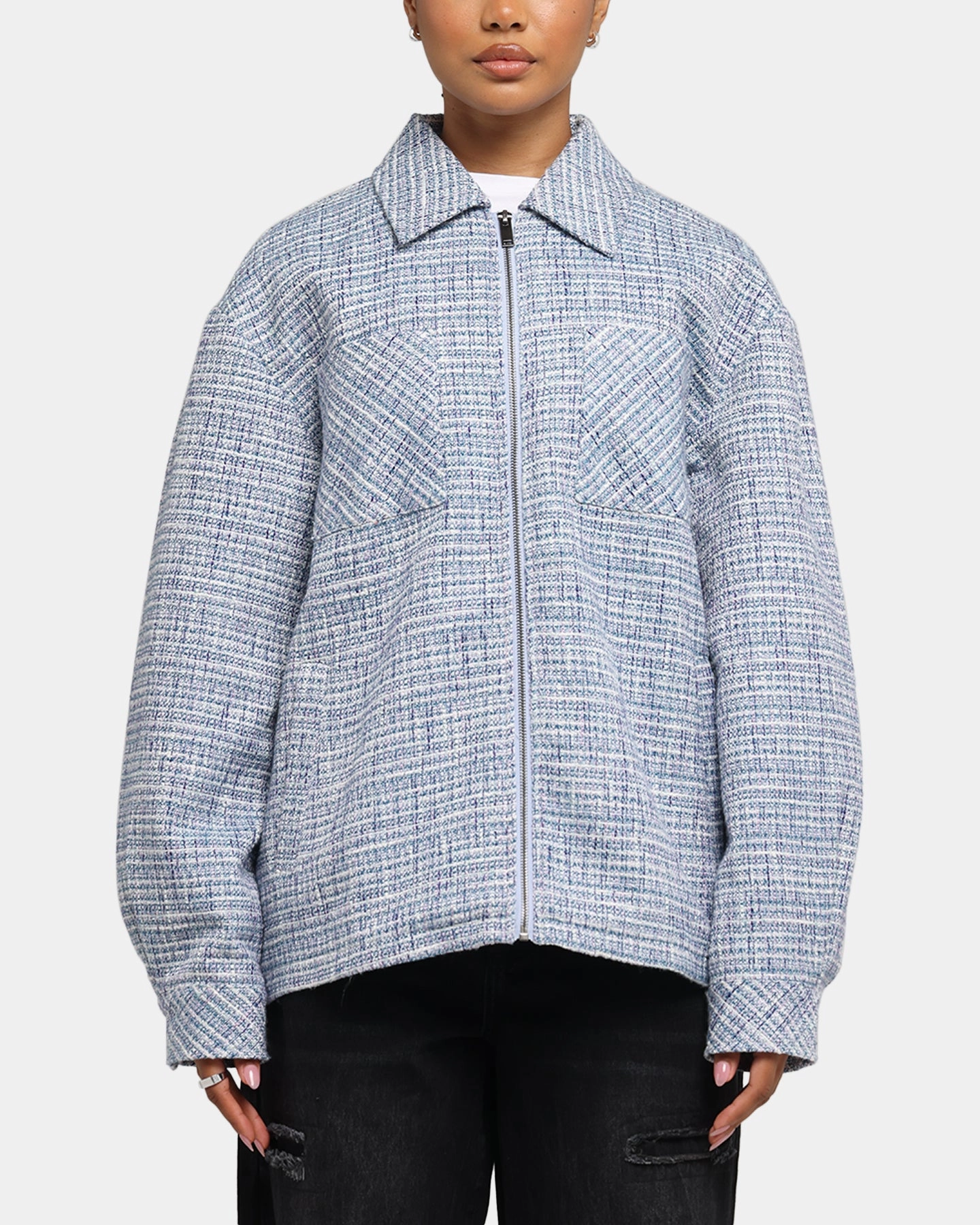 XXIII Boucle Tweed Zip Jacket Teal/Blue/Purple Fun Design