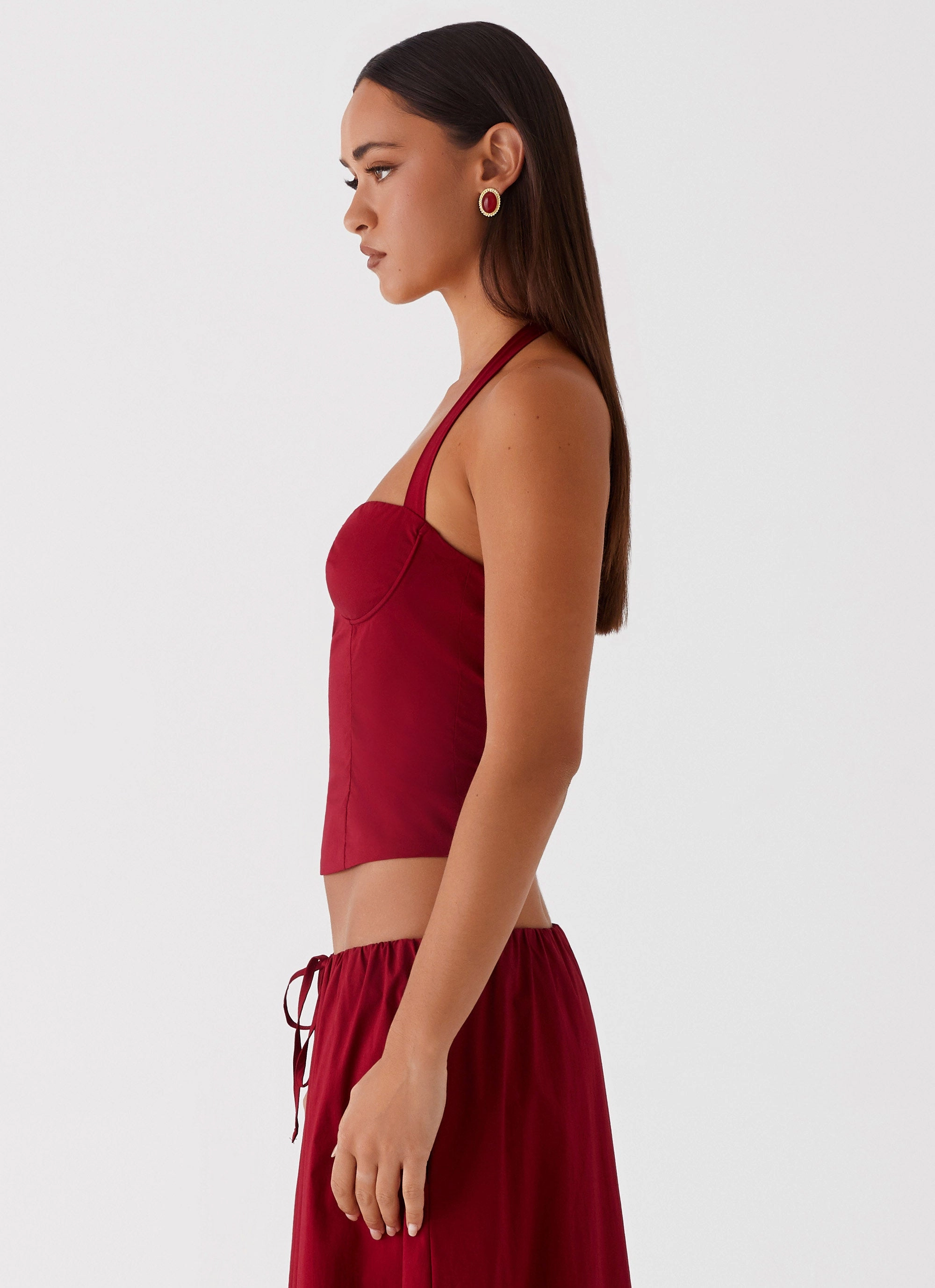 Contoured Armhole Design Cheryl Bustier Halter Top - Cherry Red