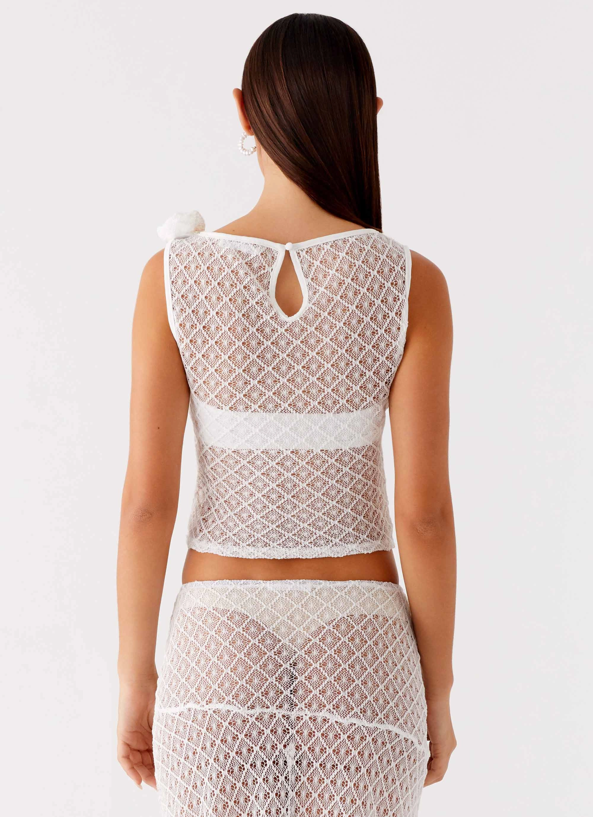 Velli Crochet Top - White Flexible Ribbed Cuffs Lightweight Weave