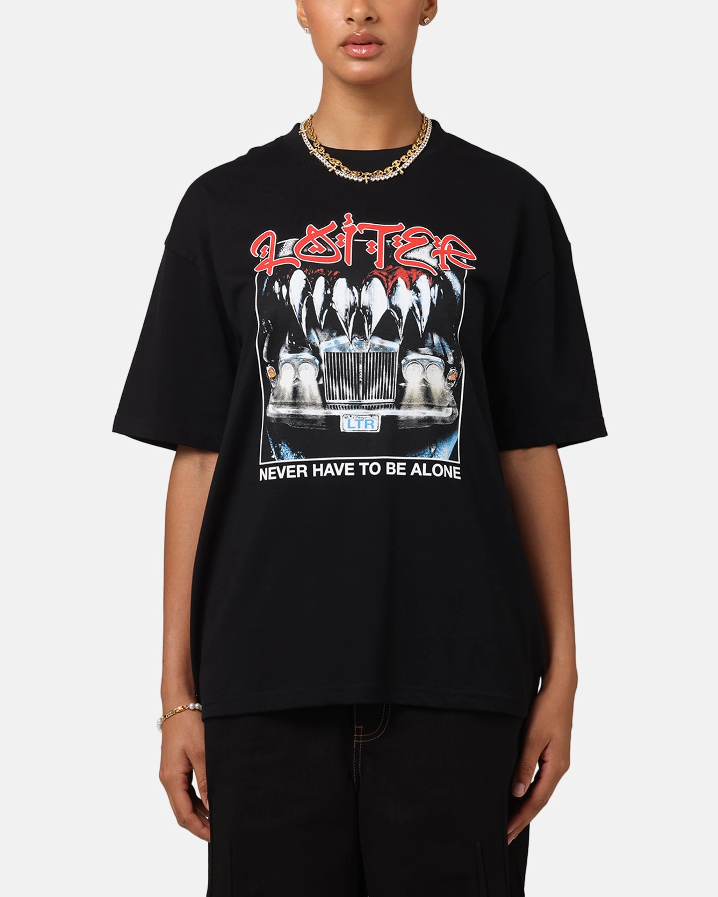 Stretch Woven Material Convertible Collar Loiter Always And Forever T-Shirt Black