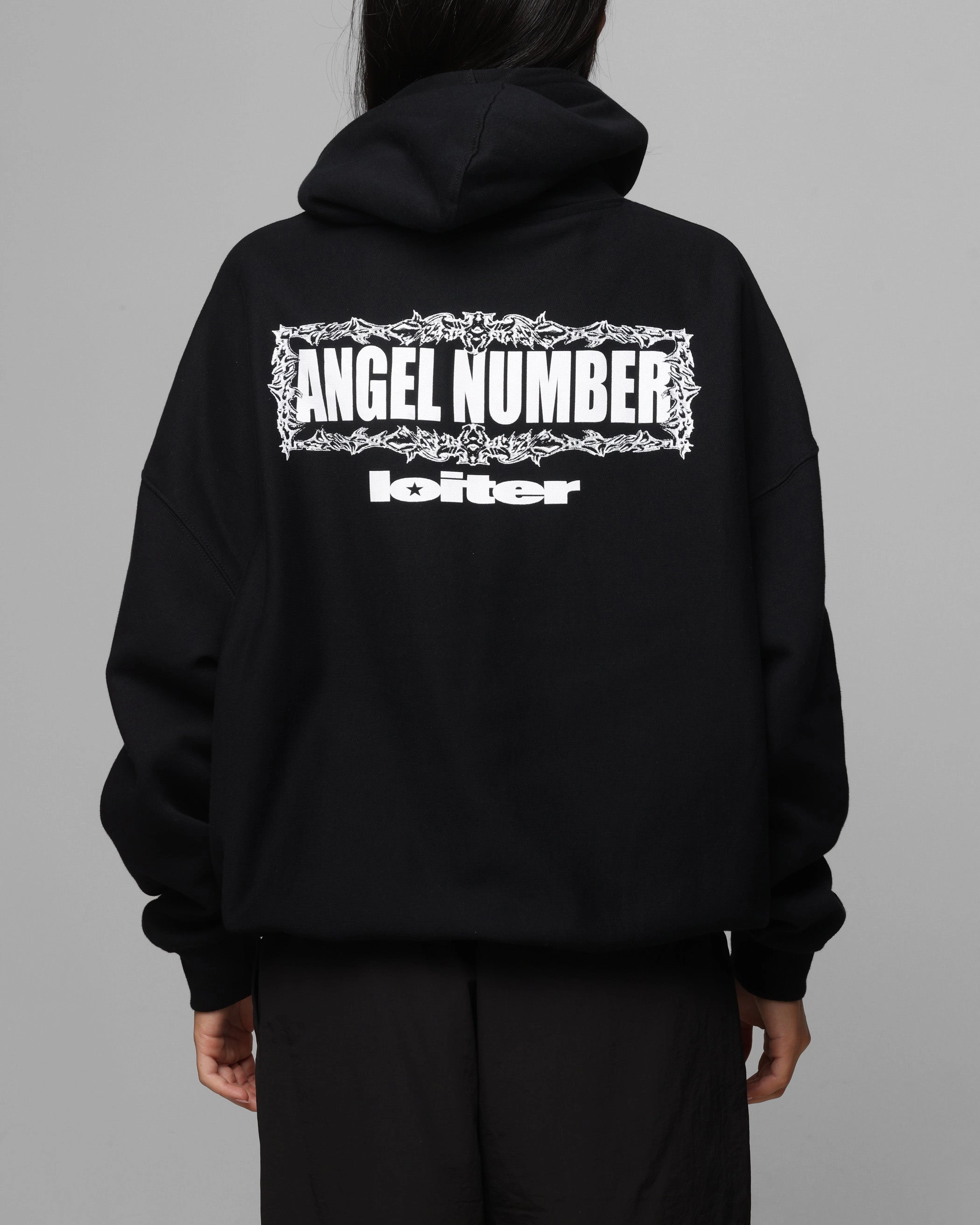 Soft Touch Texture AllDaySoftness Loiter Angel Number Hoodie Black