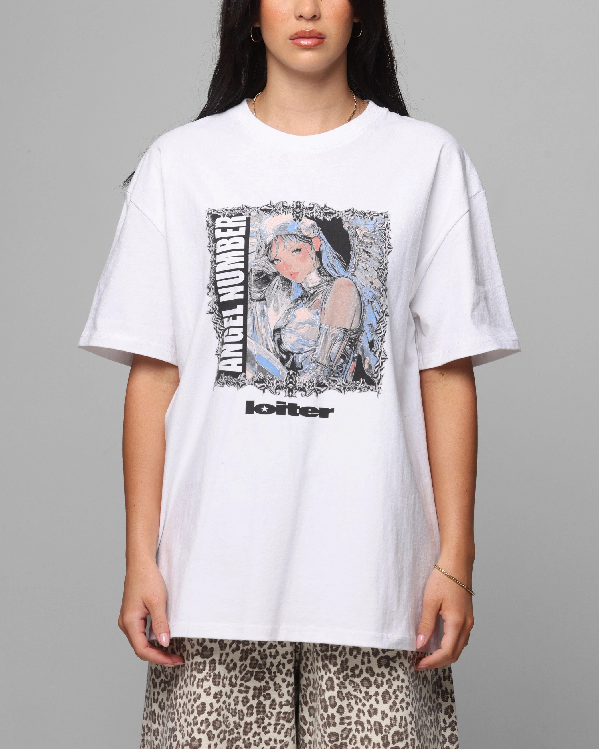 Low Impact Manufacturing MultiPanelDesign Loiter Angel Number T-Shirt White