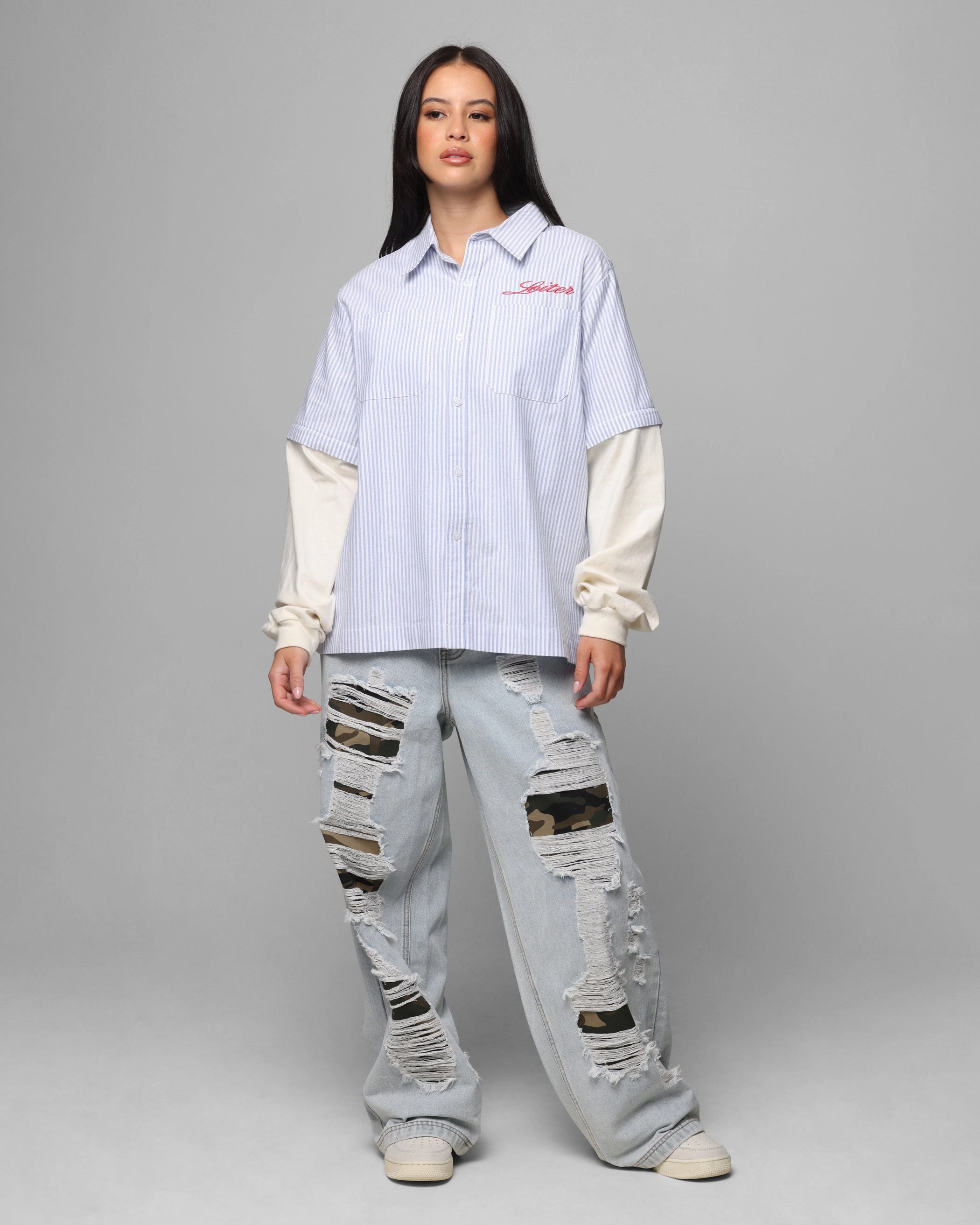 Adjustable Shoulder Straps Loiter Art Studio Work Shirt Blue Stripe