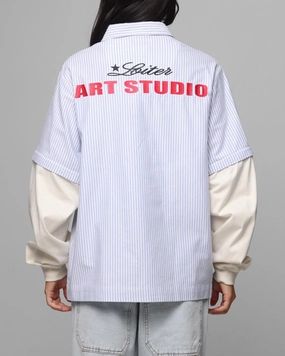 Loiter Art Studio Work Shirt Blue Stripe AllPurposeWear Multi Directional Zipper Placement