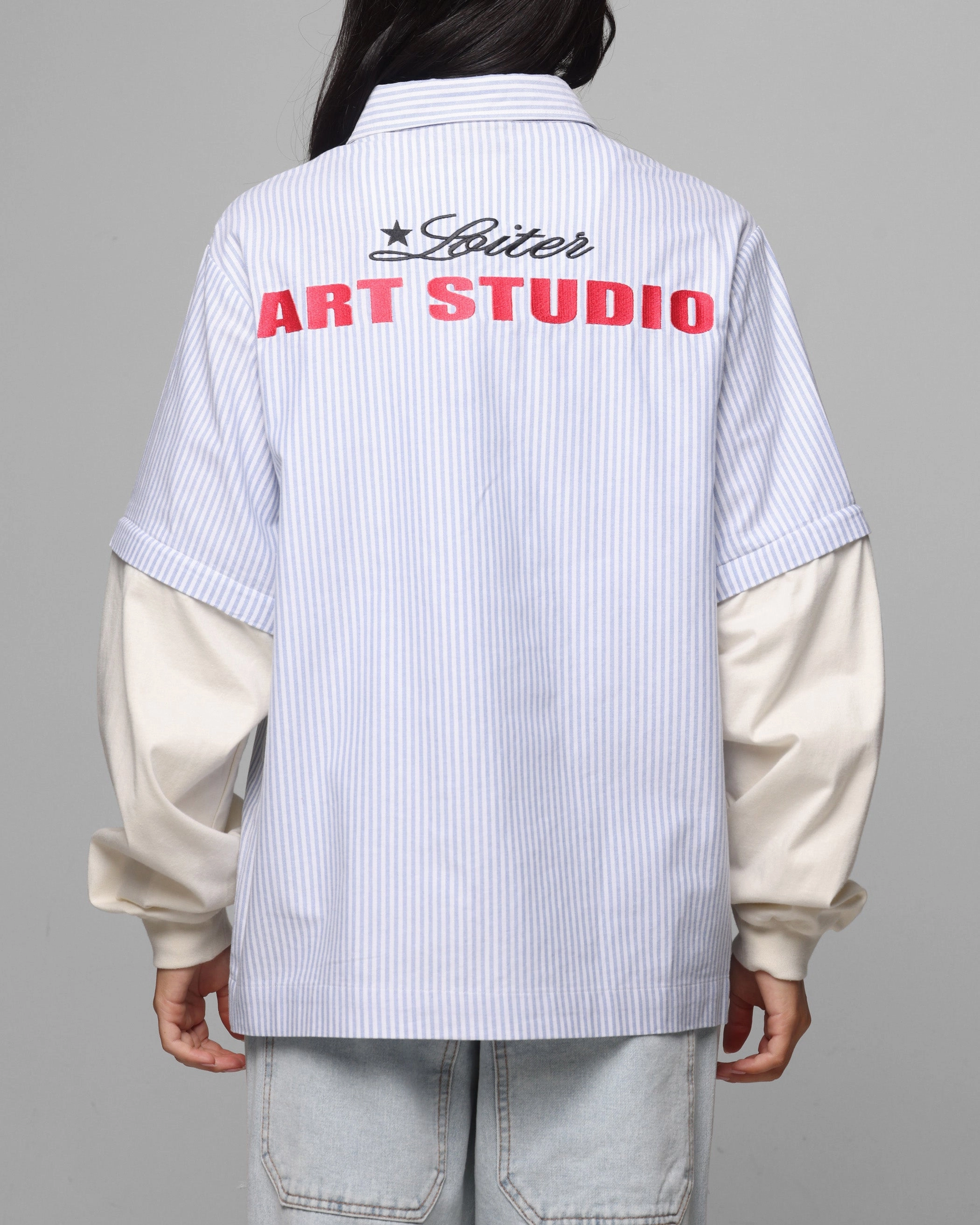 Loiter Art Studio Work Shirt Blue Stripe AllPurposeWear Multi Directional Zipper Placement