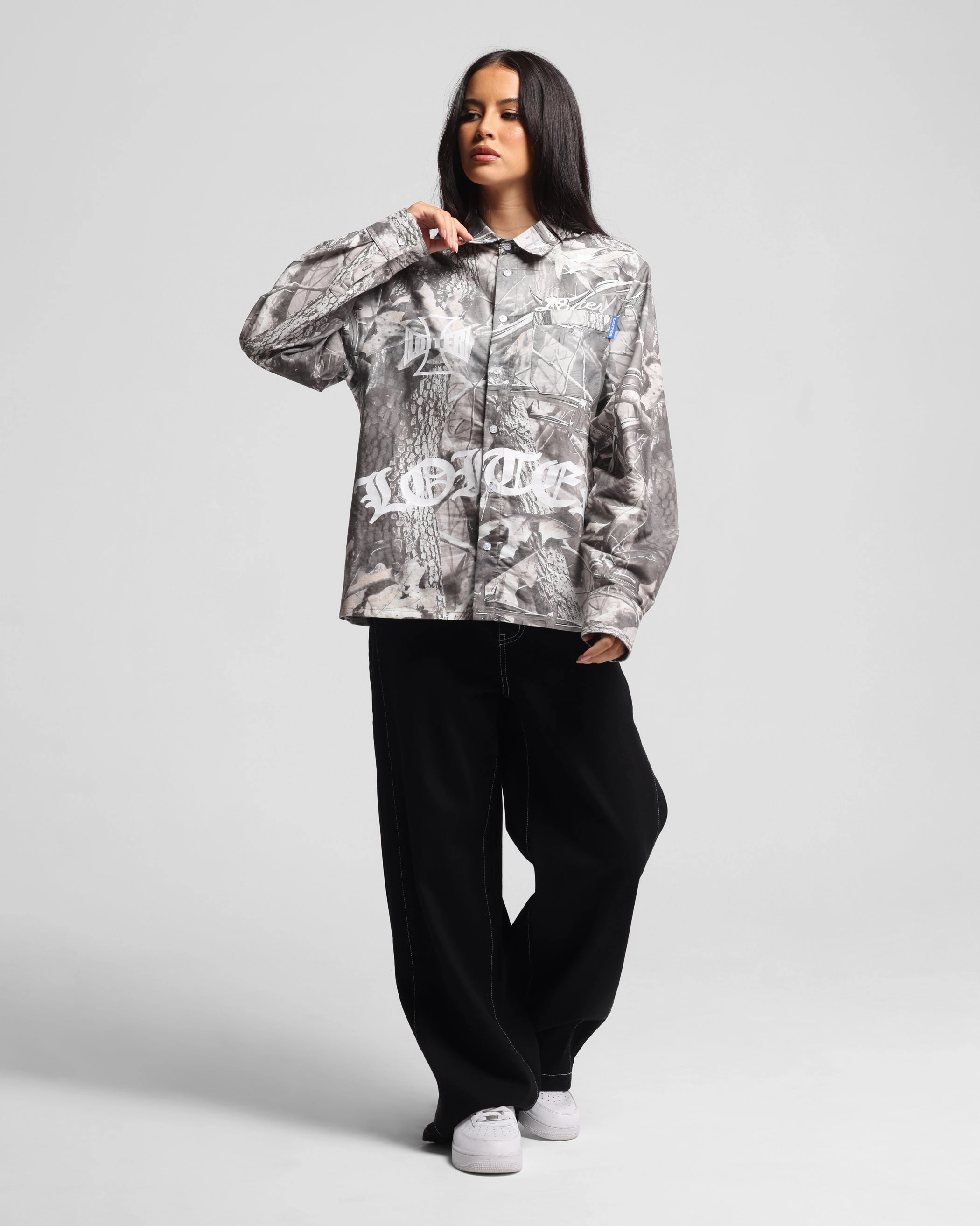 High Collar Protection Design Flexible Knit Loiter Chopper Long Sleeve Shirt Real Tree Camo