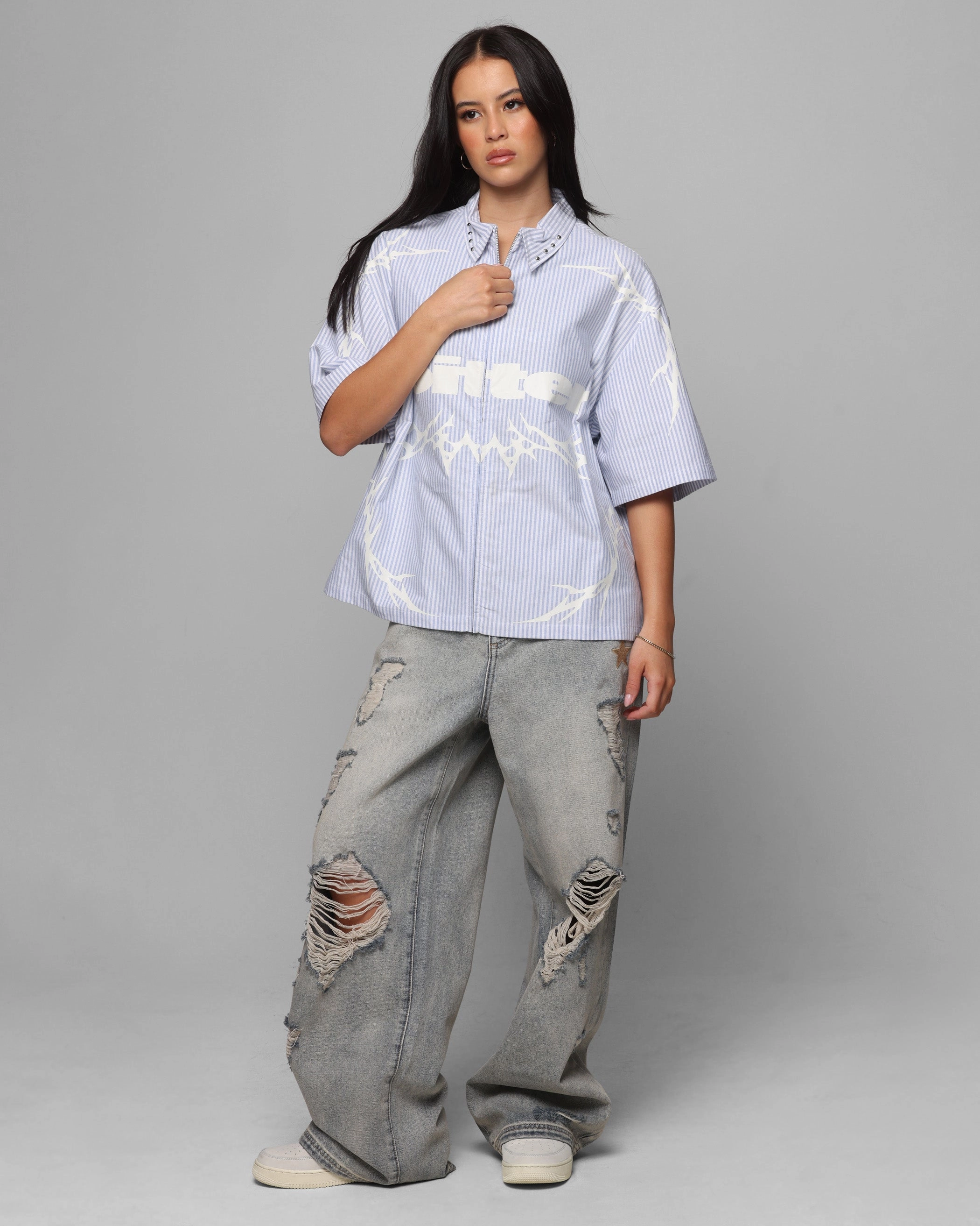 Zero Waste Cut Pattern Loiter Cyber Zip Up Short Sleeve Shirt Blue Pin Stripe