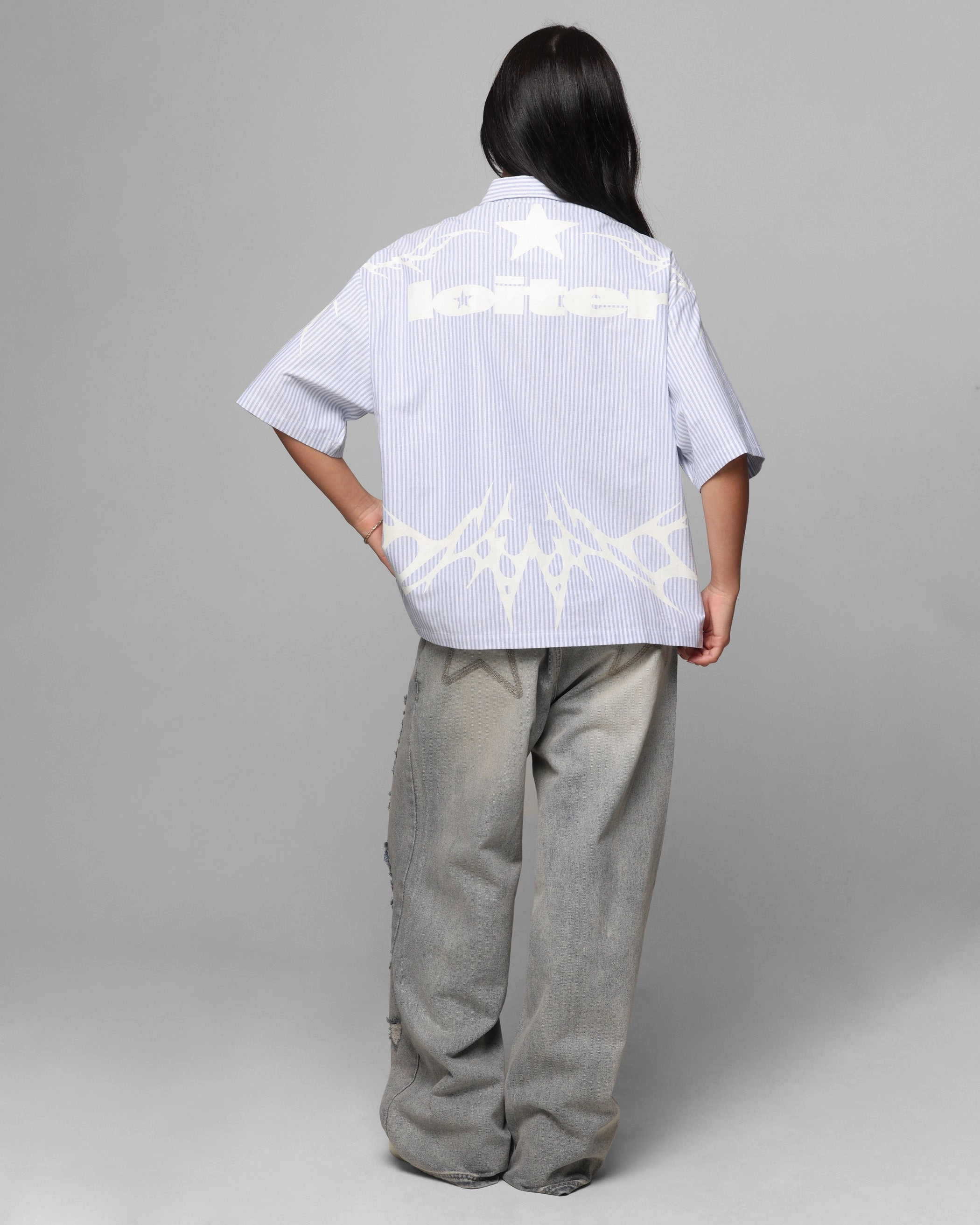 Fray Resistant Edges Loiter Cyber Zip Up Short Sleeve Shirt Blue Pin Stripe