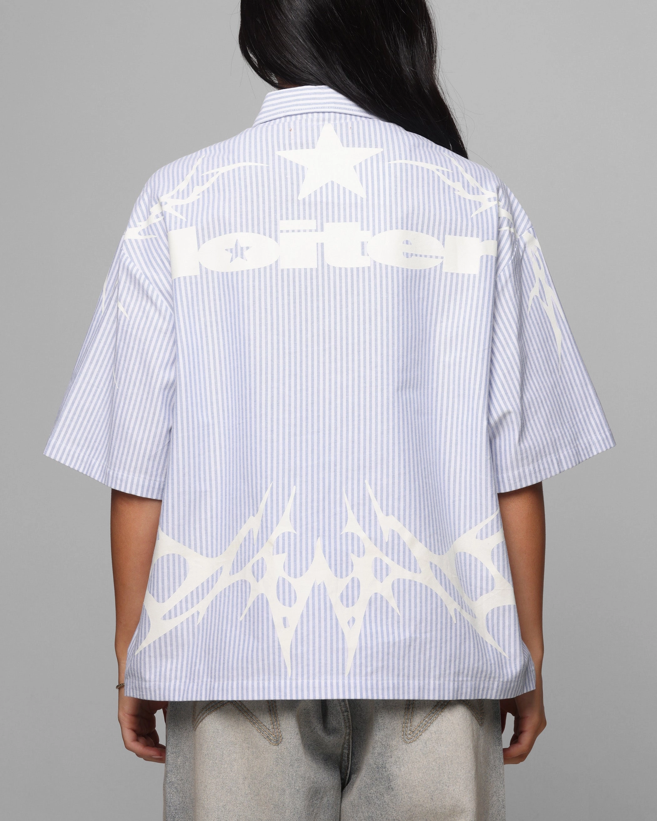 RibbedCollar Contrast Stitch Detail Loiter Cyber Zip Up Short Sleeve Shirt Blue Pin Stripe