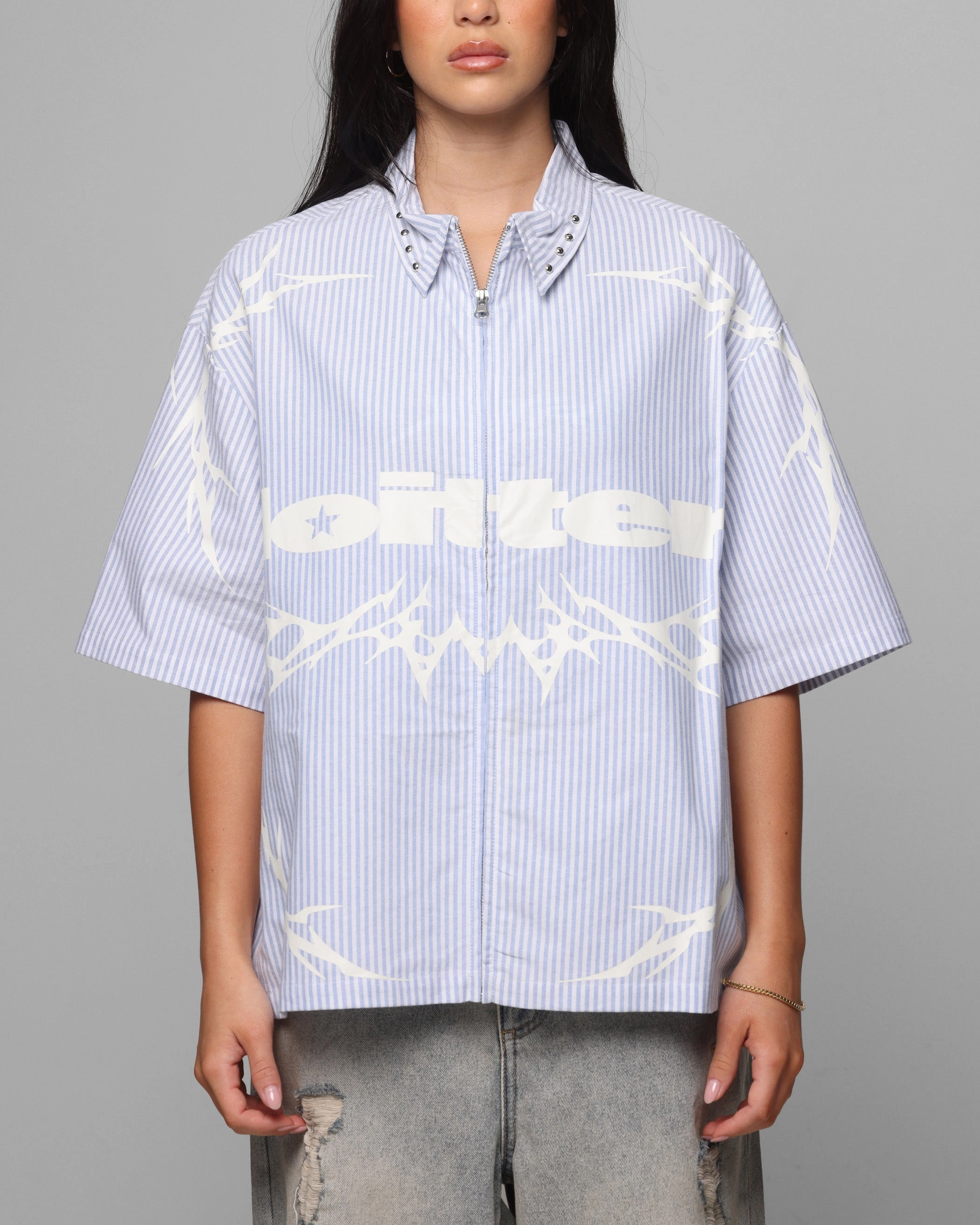 Loiter Cyber Zip Up Short Sleeve Shirt Blue Pin Stripe GarmentDyed Sustainable Production Certified