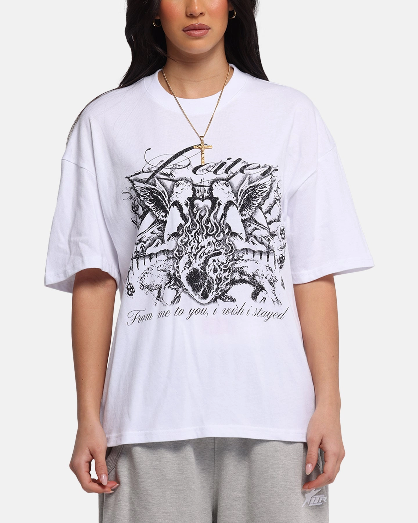 Loiter Earth Angel T-Shirt White Drop Shoulder Design DoubleStitching