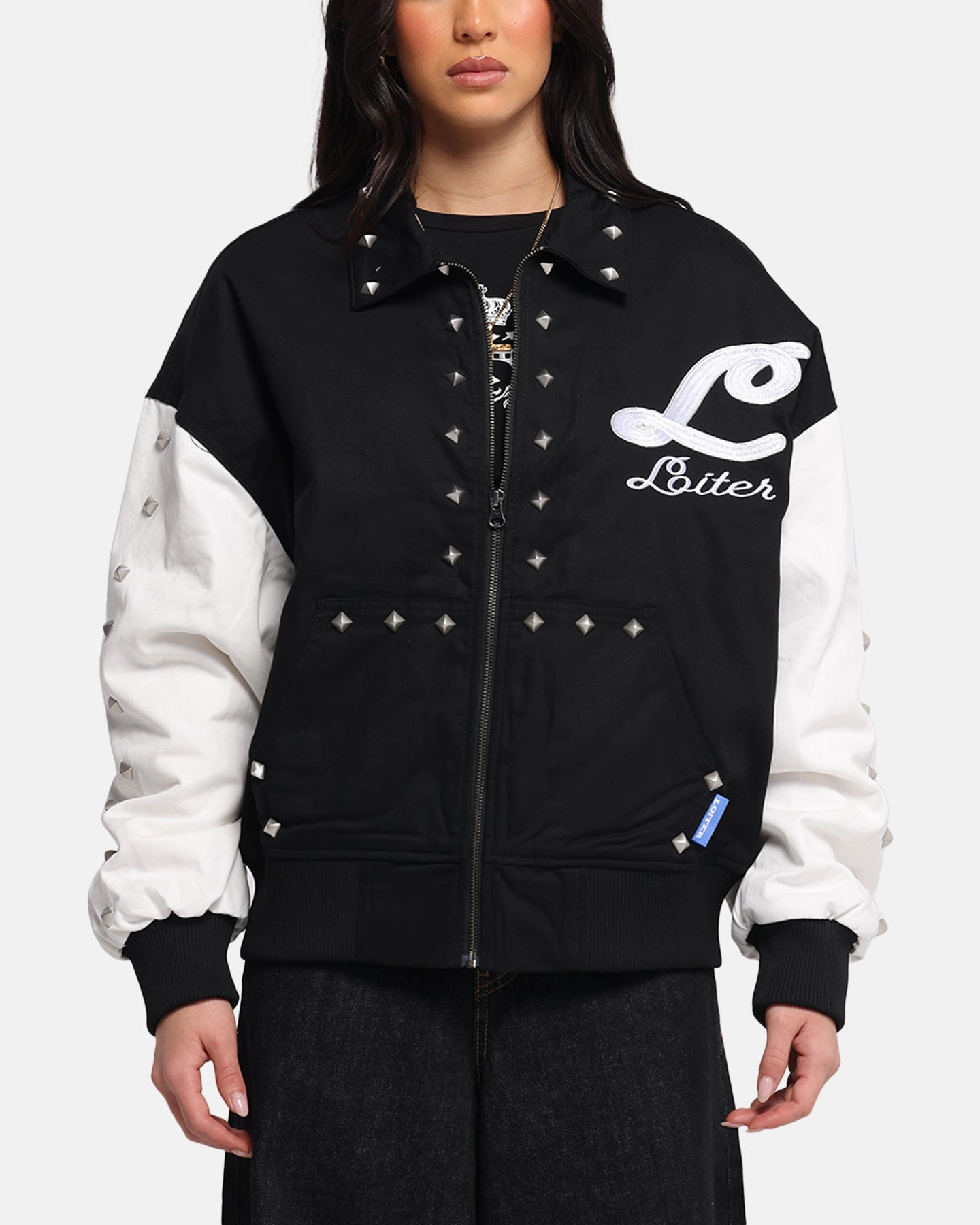 Loiter Frontier Varsity Jacket Black/Off White Loose cut SecurePockets