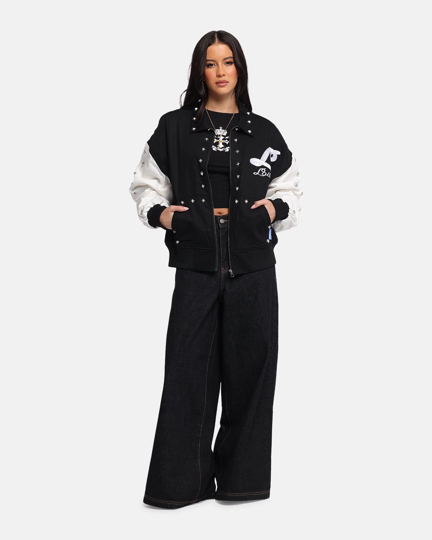 Loiter Frontier Varsity Jacket Black/Off White Sustainable Textile