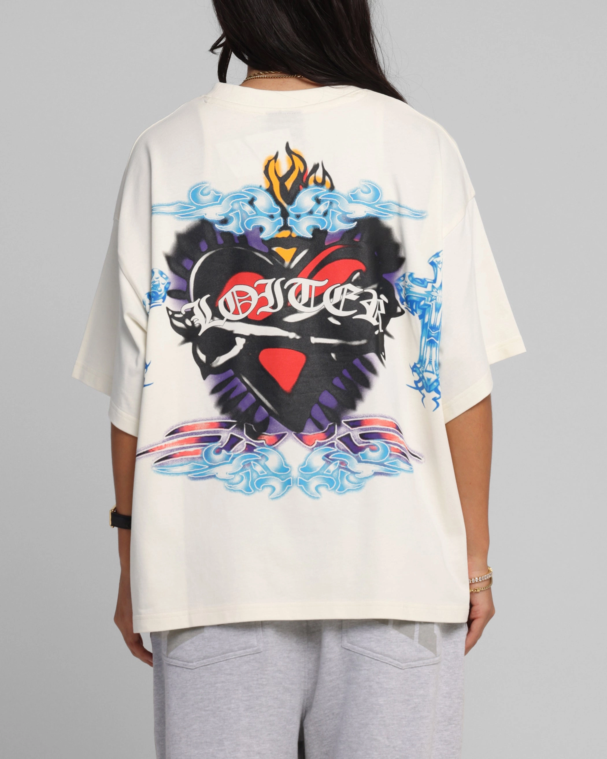 Grid Back Panel Loiter Hearts T-Shirt Off White
