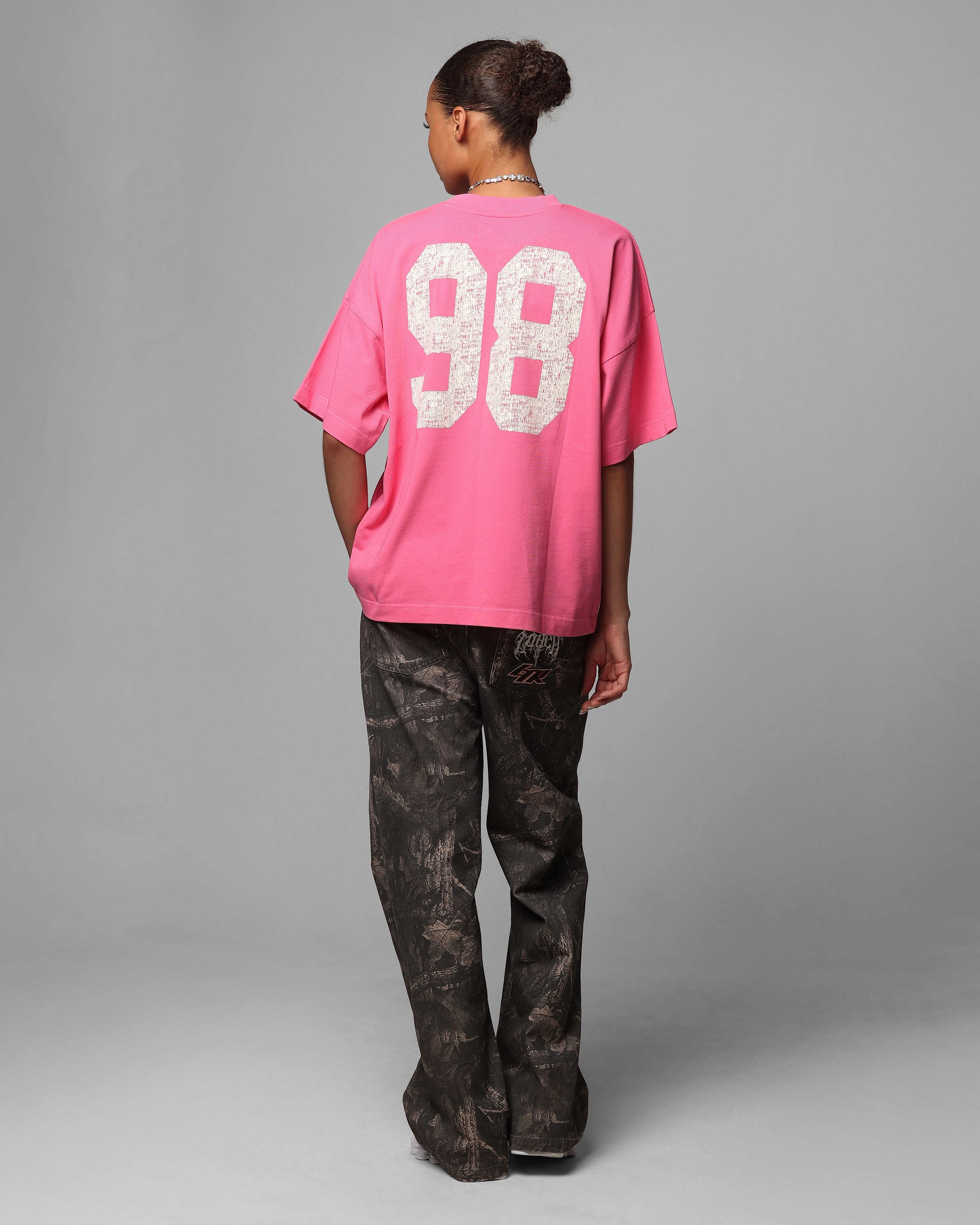 Layered Hemline Metallic Fiber Blend Loiter Human Box T-Shirt Pink