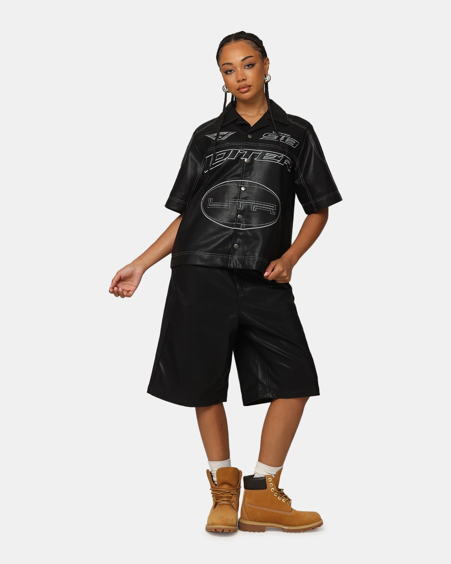 Drop Shoulder Silhouette Friction Resistant Edges Loiter Motor PU Leather Button Up Shirt Black