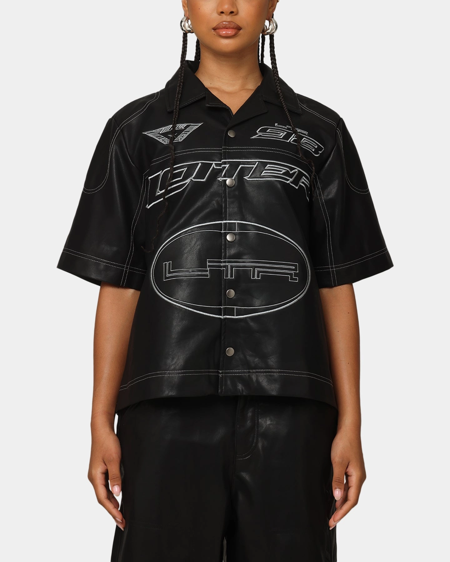 Loiter Motor PU Leather Button Up Shirt Black StretchTechnology