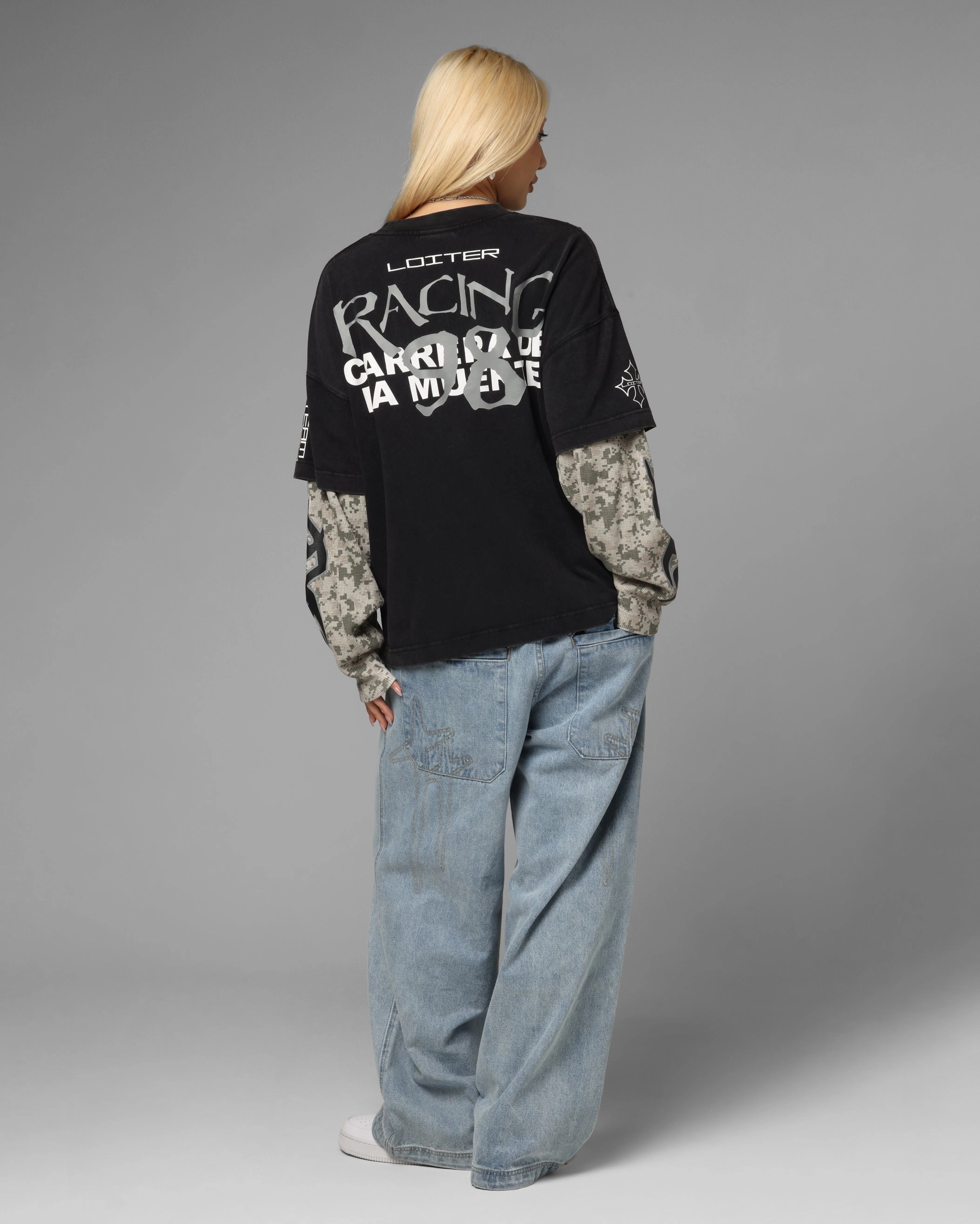 Office Look Non Restrictive Collar Loiter Performance Layered Long Sleeve T-Shirt Vintage Black