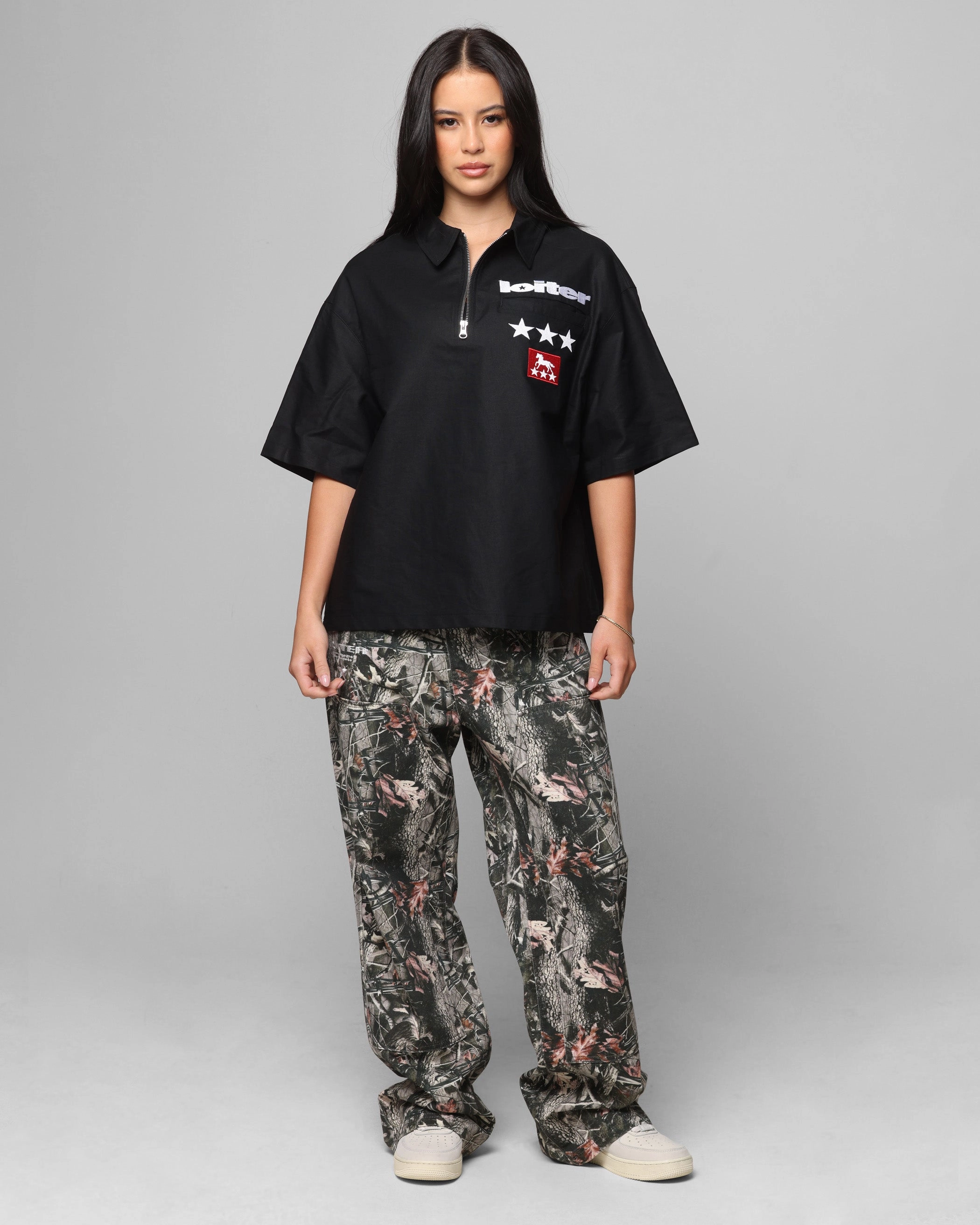 Loiter Rodeo Quarter Zip Up Shirt Black Foldable Cuff Design Temperature Regulating Textile