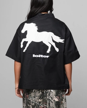 Reinforced Neckline Detail Loiter Rodeo Quarter Zip Up Shirt Black
