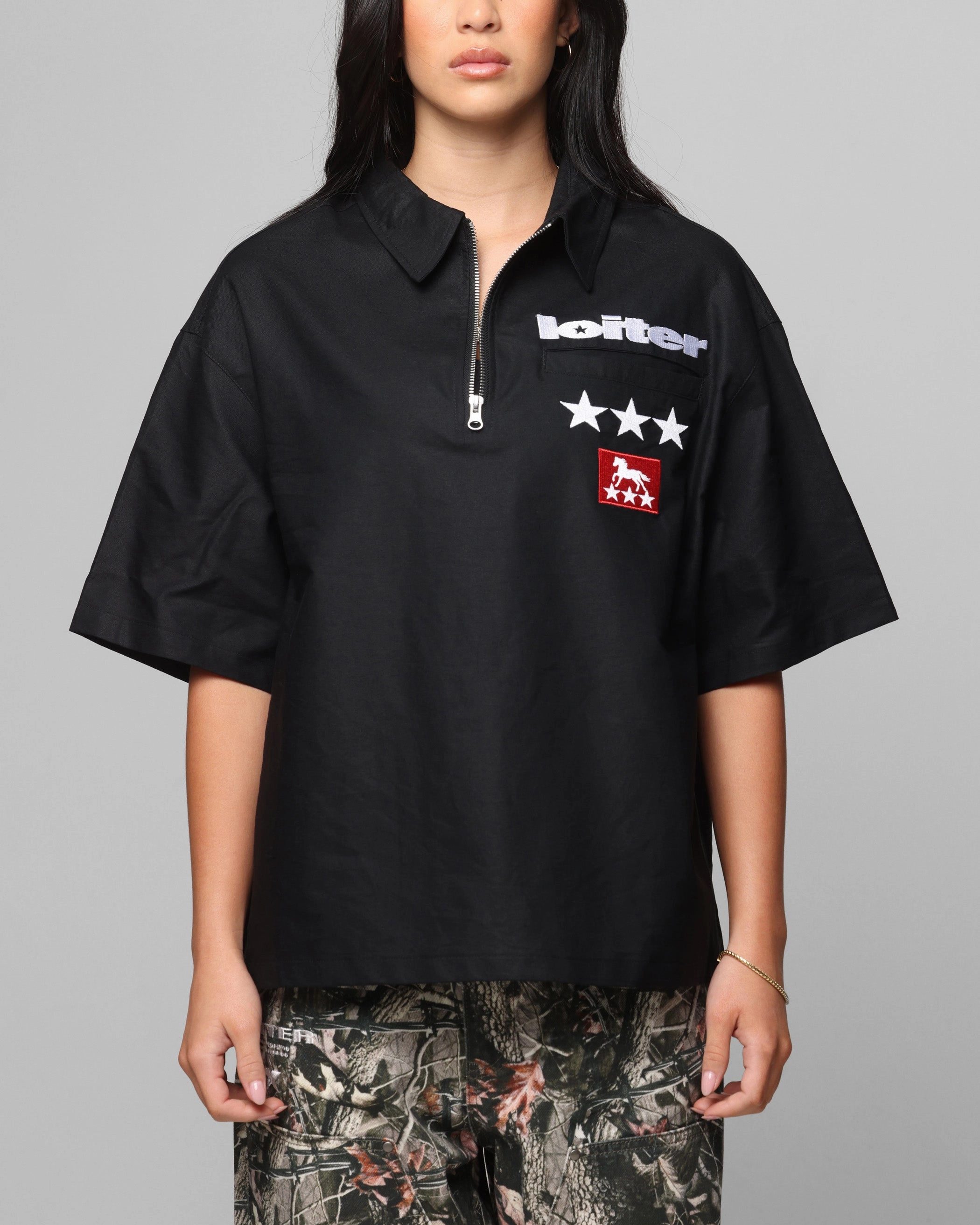 Curved Hem Design Loiter Rodeo Quarter Zip Up Shirt Black