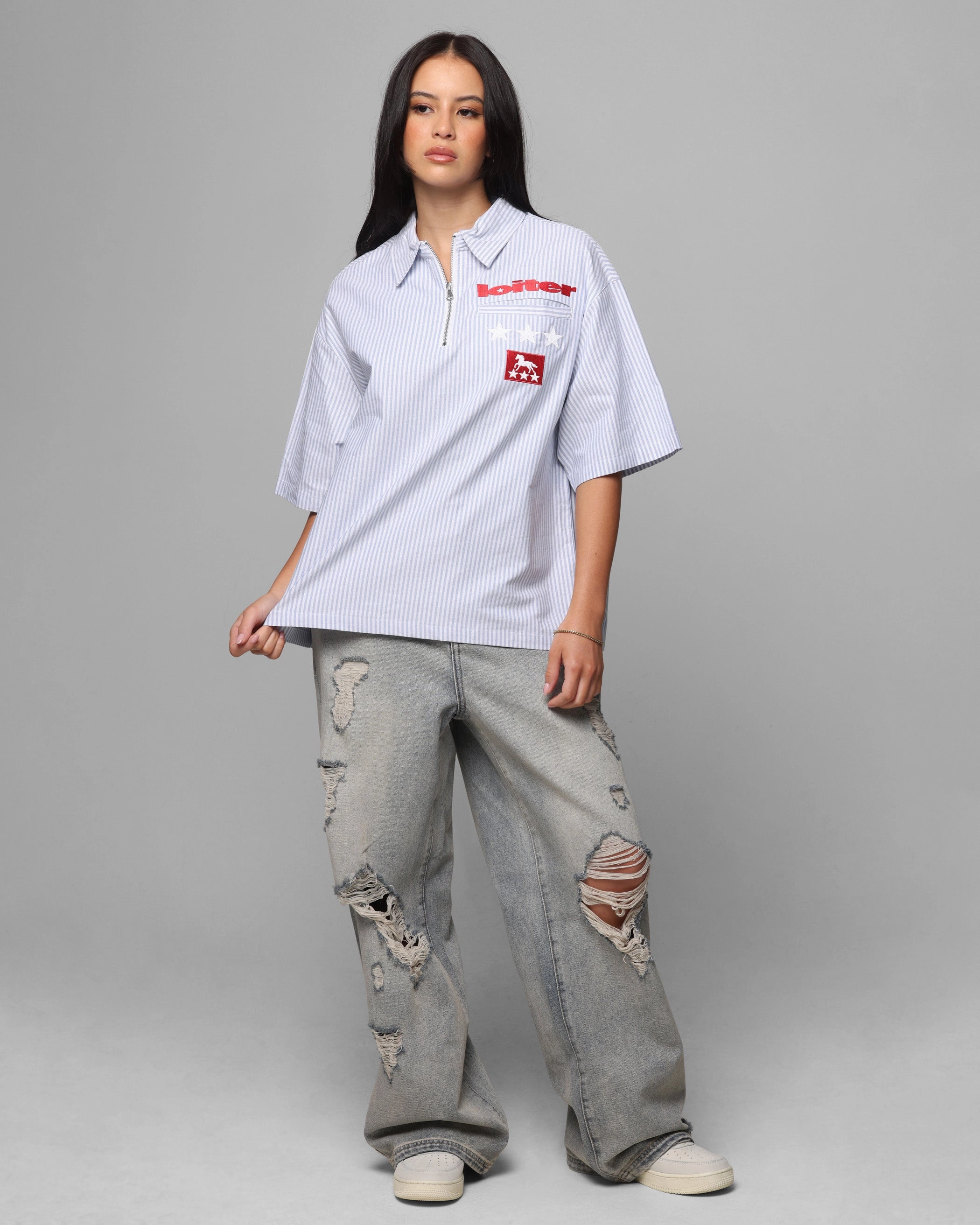 Loiter Rodeo Quarter Zip Up Shirt Blue Pin Stripe DurableBlend Relaxed Silhouette