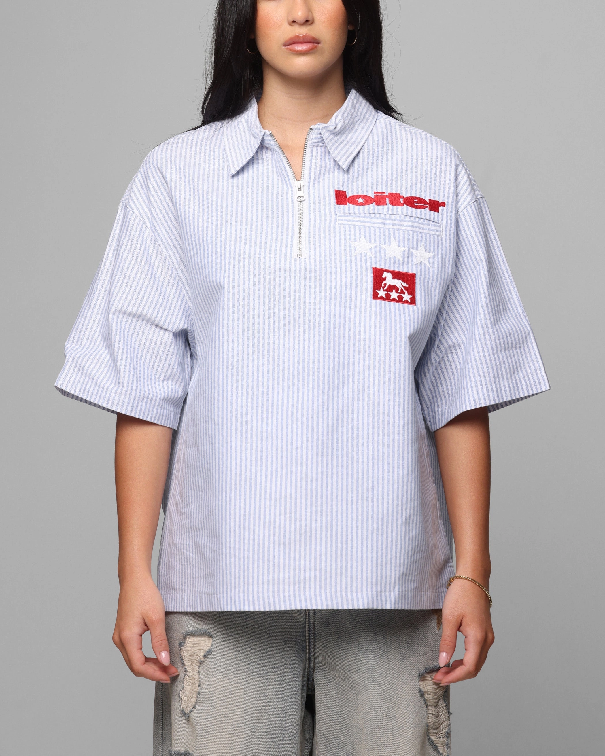 Loiter Rodeo Quarter Zip Up Shirt Blue Pin Stripe Tailored Silhouette