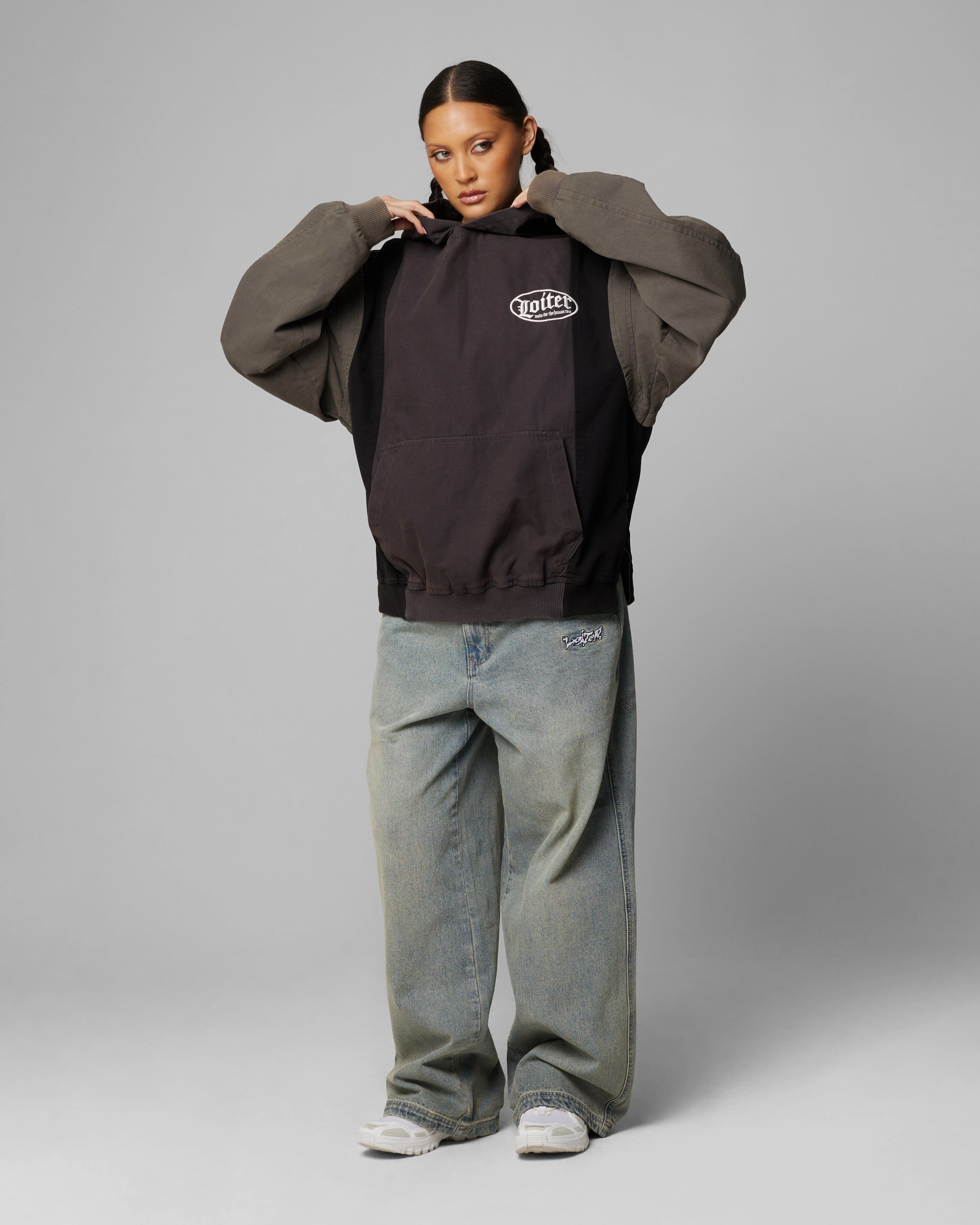 Loiter Splinter Hoodie Black/Charcoal Drop Shoulder Silhouette