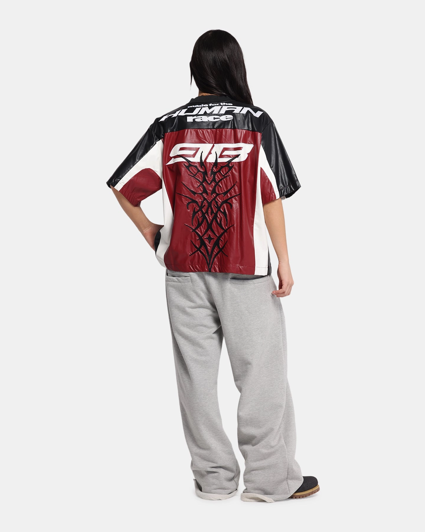 Loiter Vegan Leather Football Top Red/Black Elegant Blouse Reversible Layering Tech