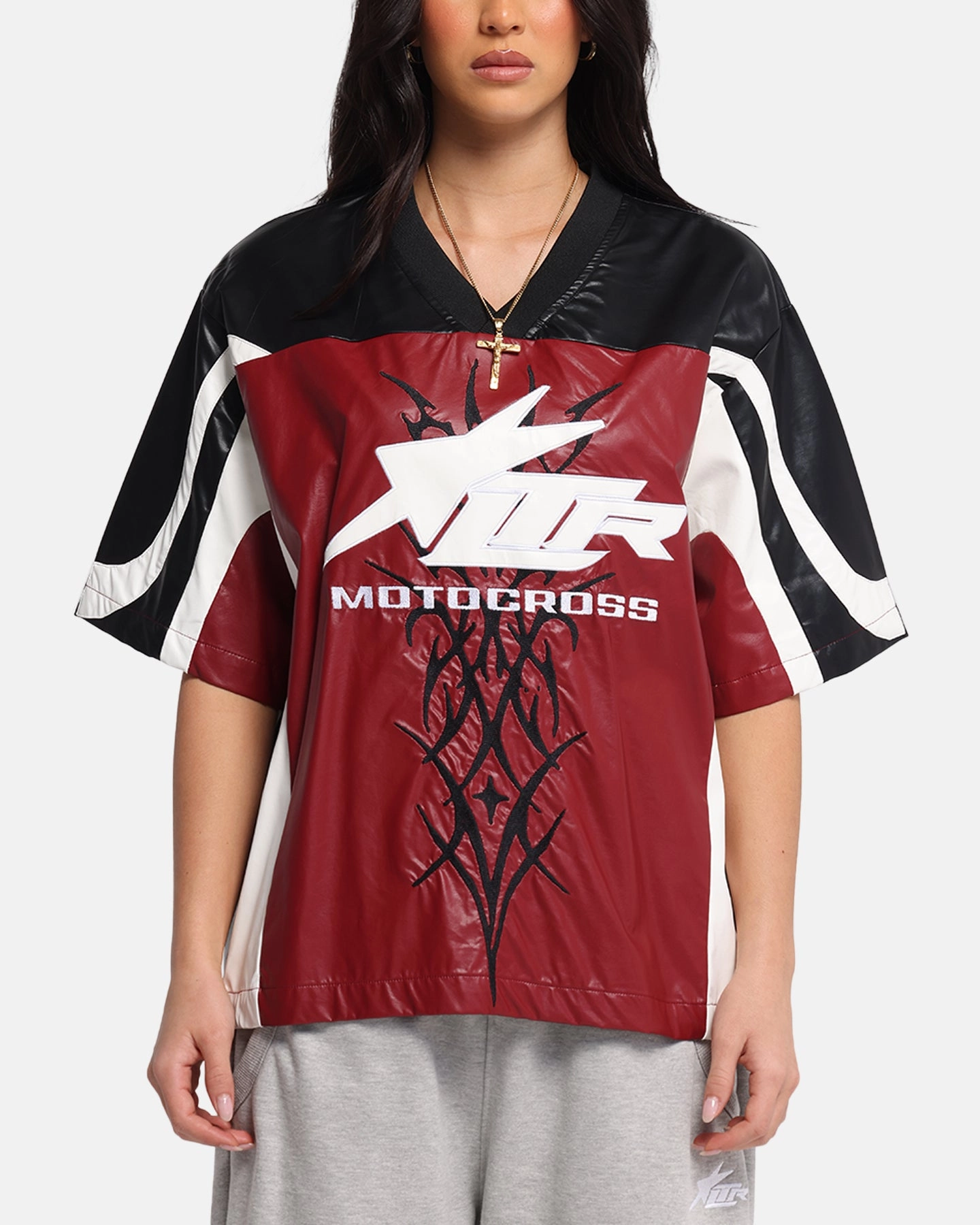 Loiter Vegan Leather Football Top Red/Black Sandwich Mesh Panel Structure