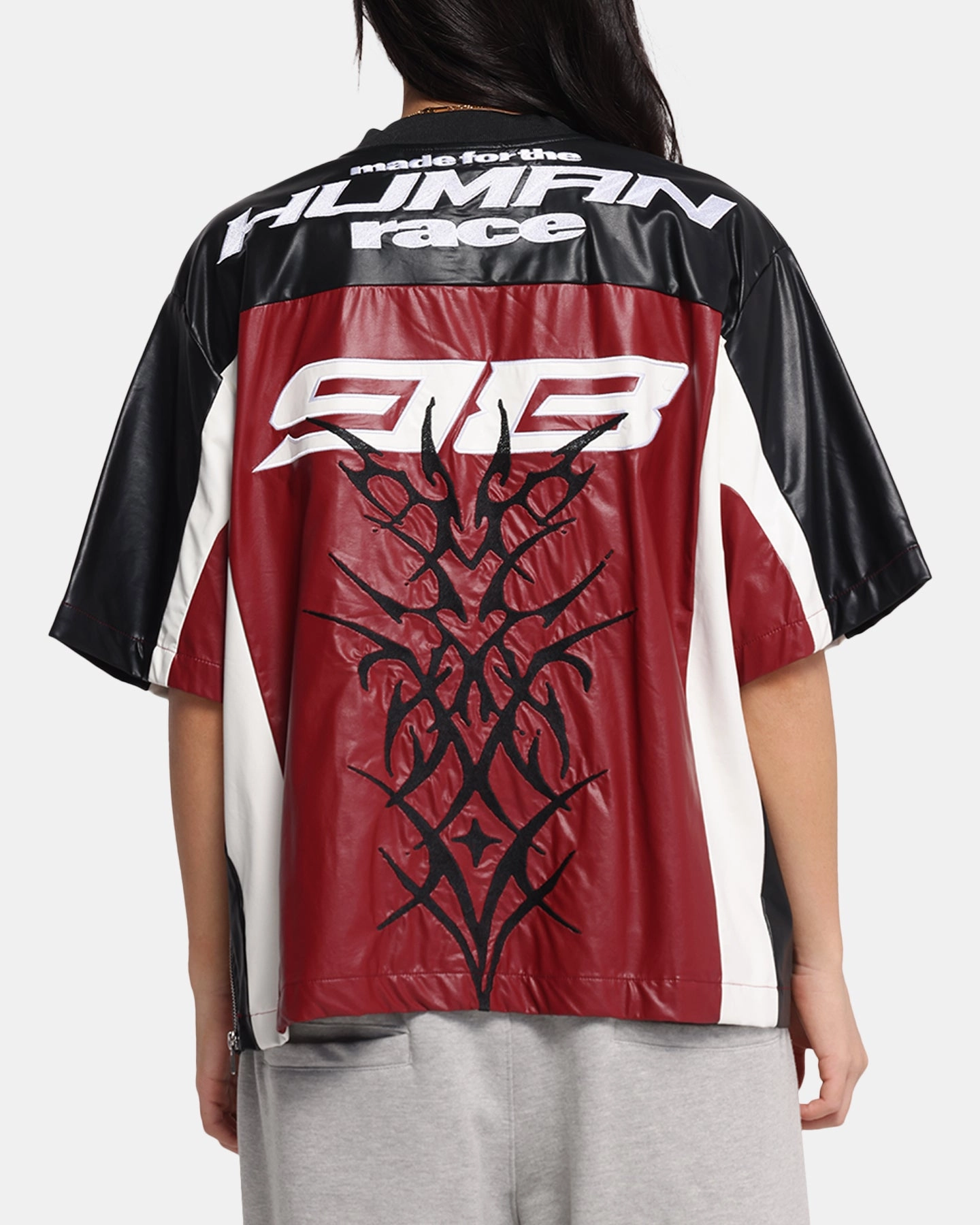 Loiter Vegan Leather Football Top Red/Black Stretchable Neckline