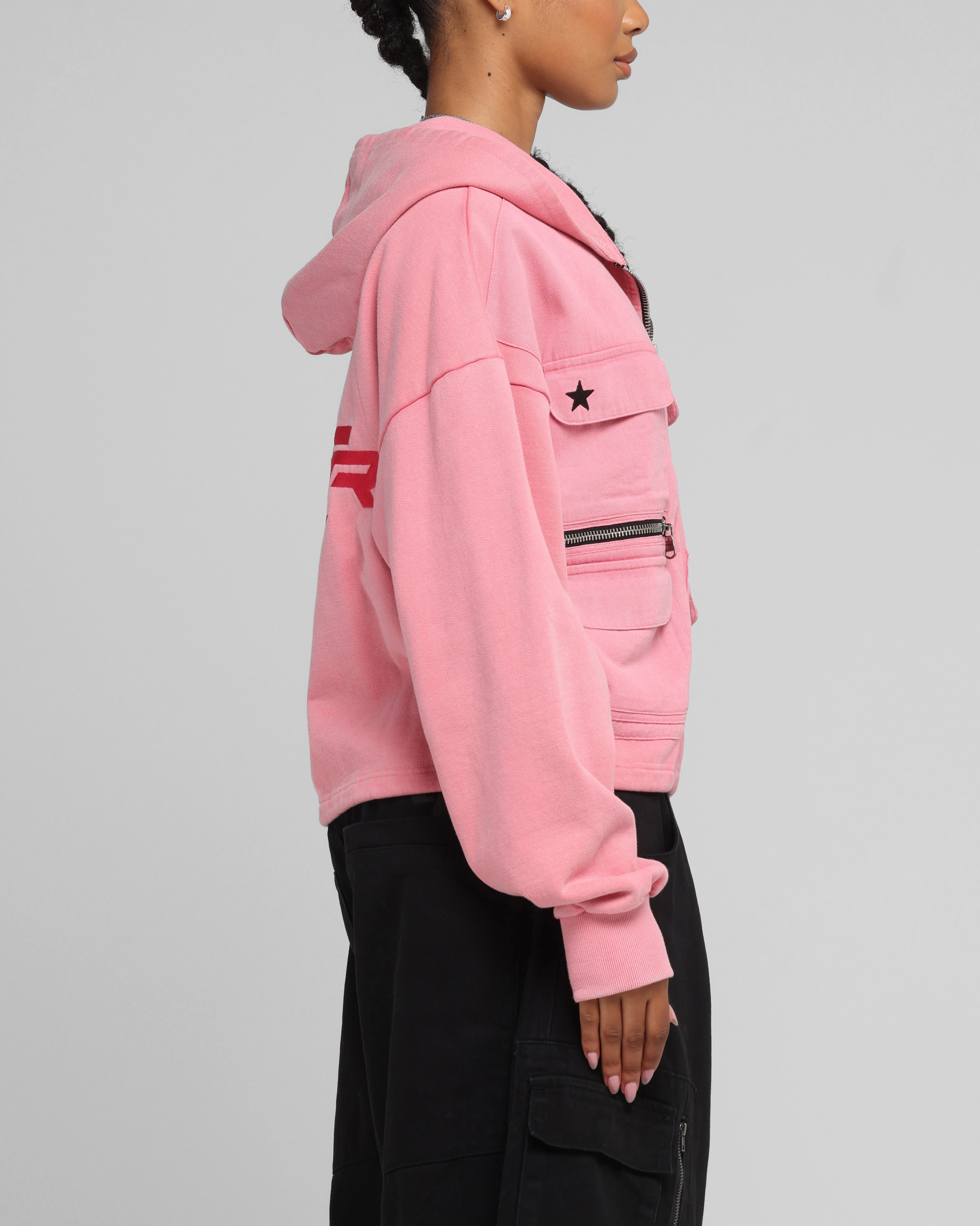 Raw Edge Finish Loiter Women's Utility Cropped Hoodie Pink