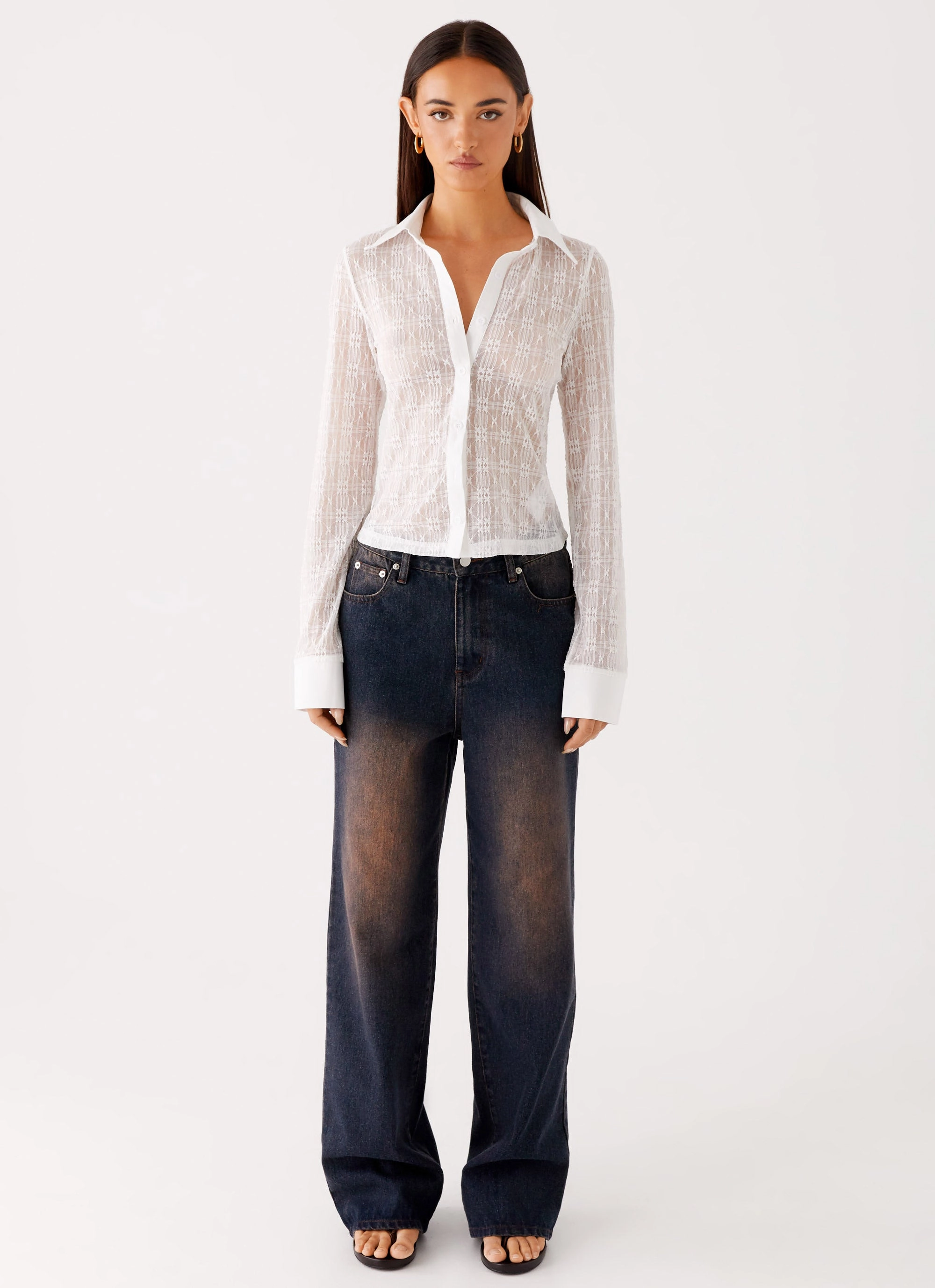 slim fit NonRestrictive Armholes Loui Lace Long Sleeve Top - White