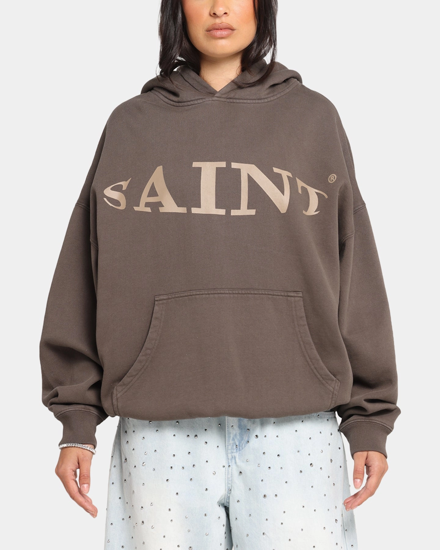 Foldable Cuff Design Saint Morta Vision Boxy Hoodie Brown