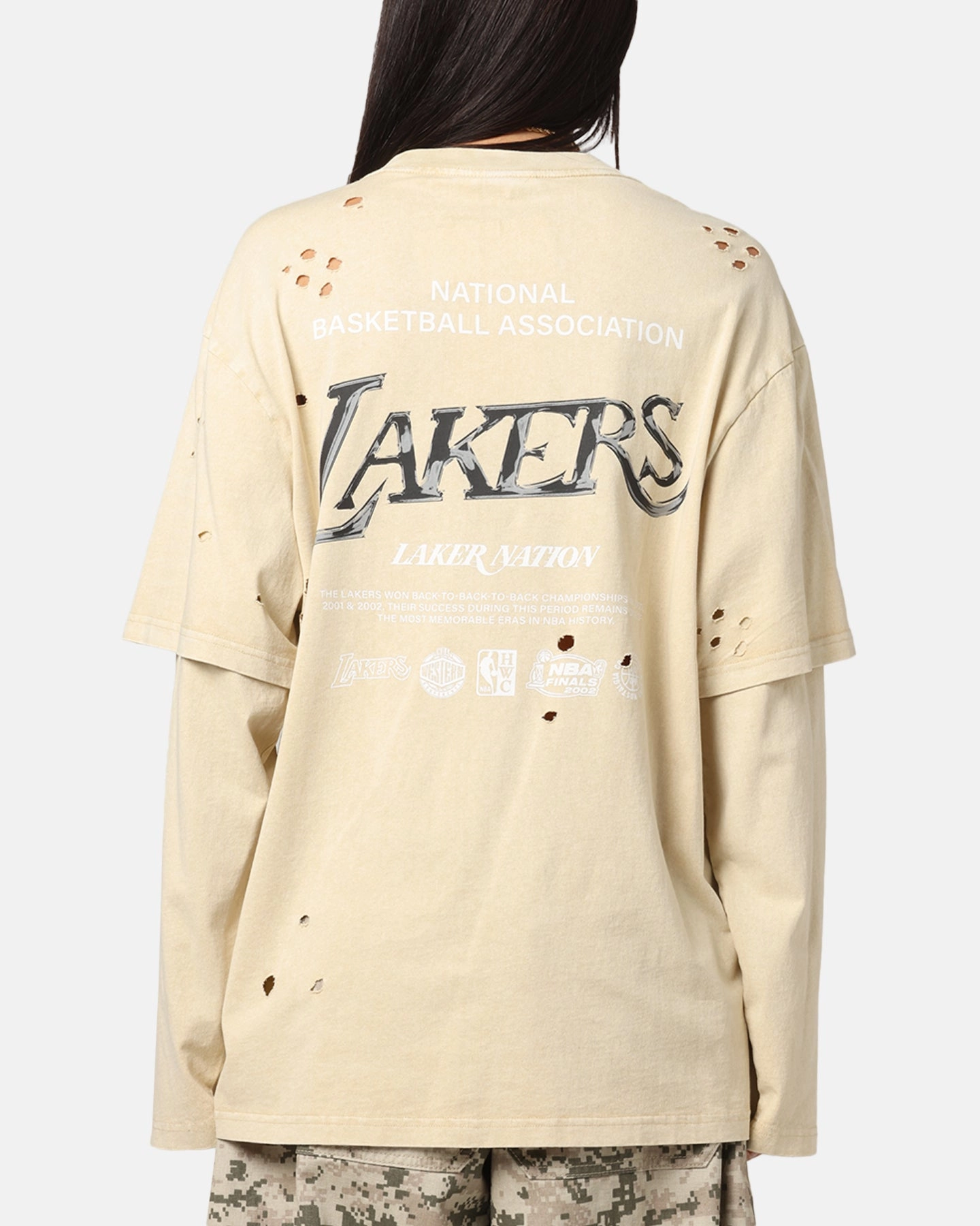 Mitchell & Ness Los Angeles Lakers Chromed Mock Long Sleeve T-Shirt Khaki LightReflective