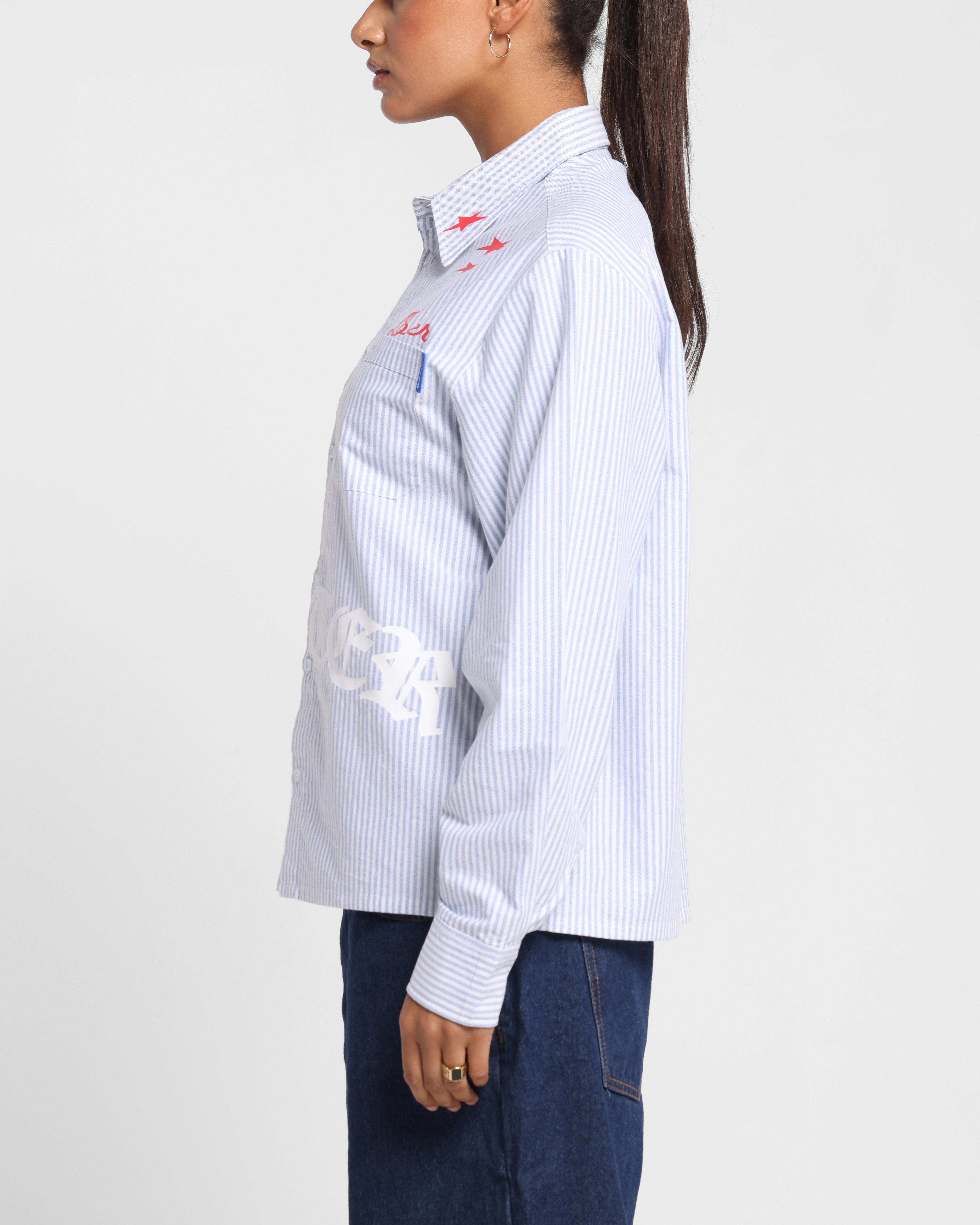 AdjustableHemCuffs Stretchable Material Loiter Chopper Long Sleeve Shirt Blue/White