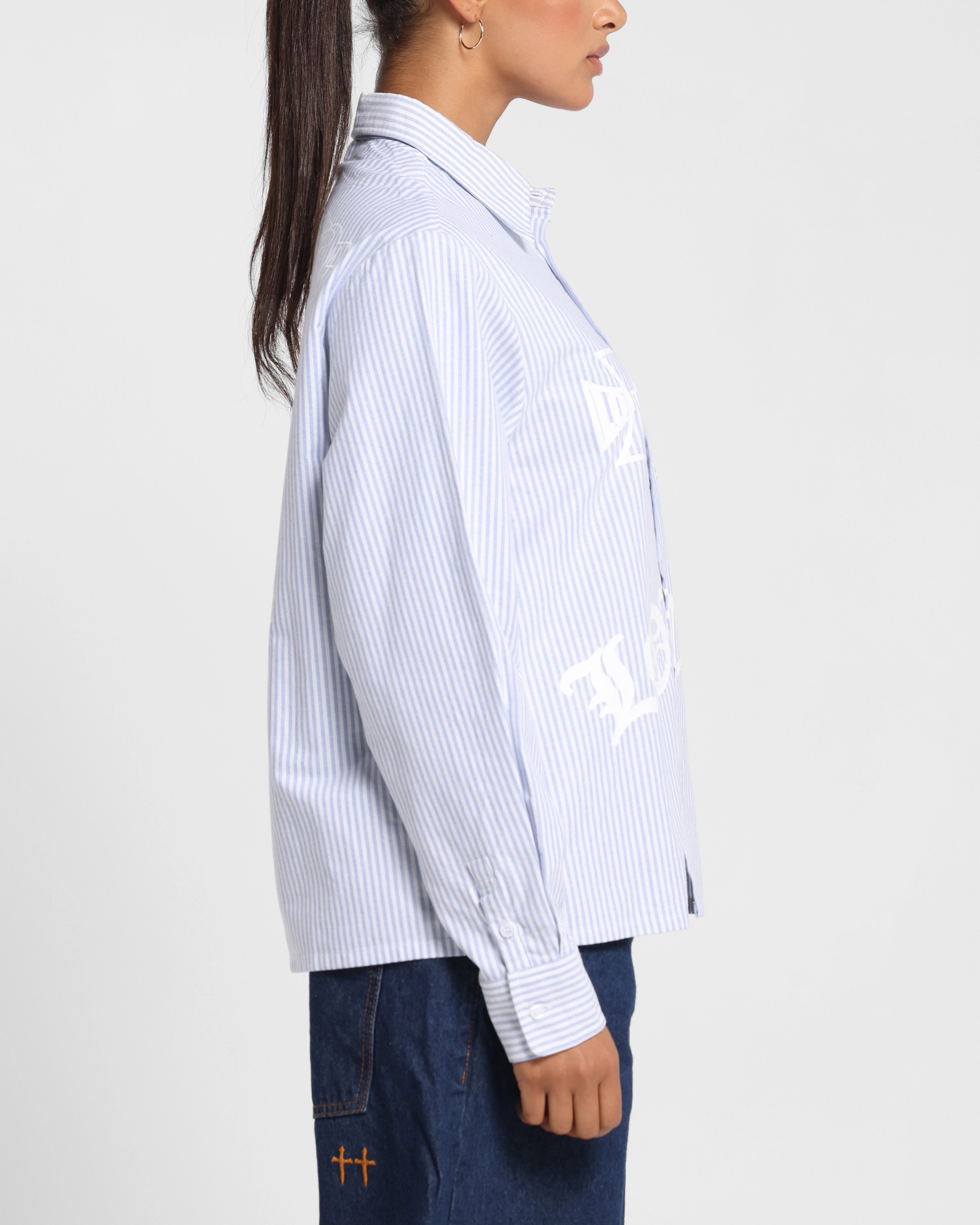 Stylish Tank Loiter Chopper Long Sleeve Shirt Blue/White