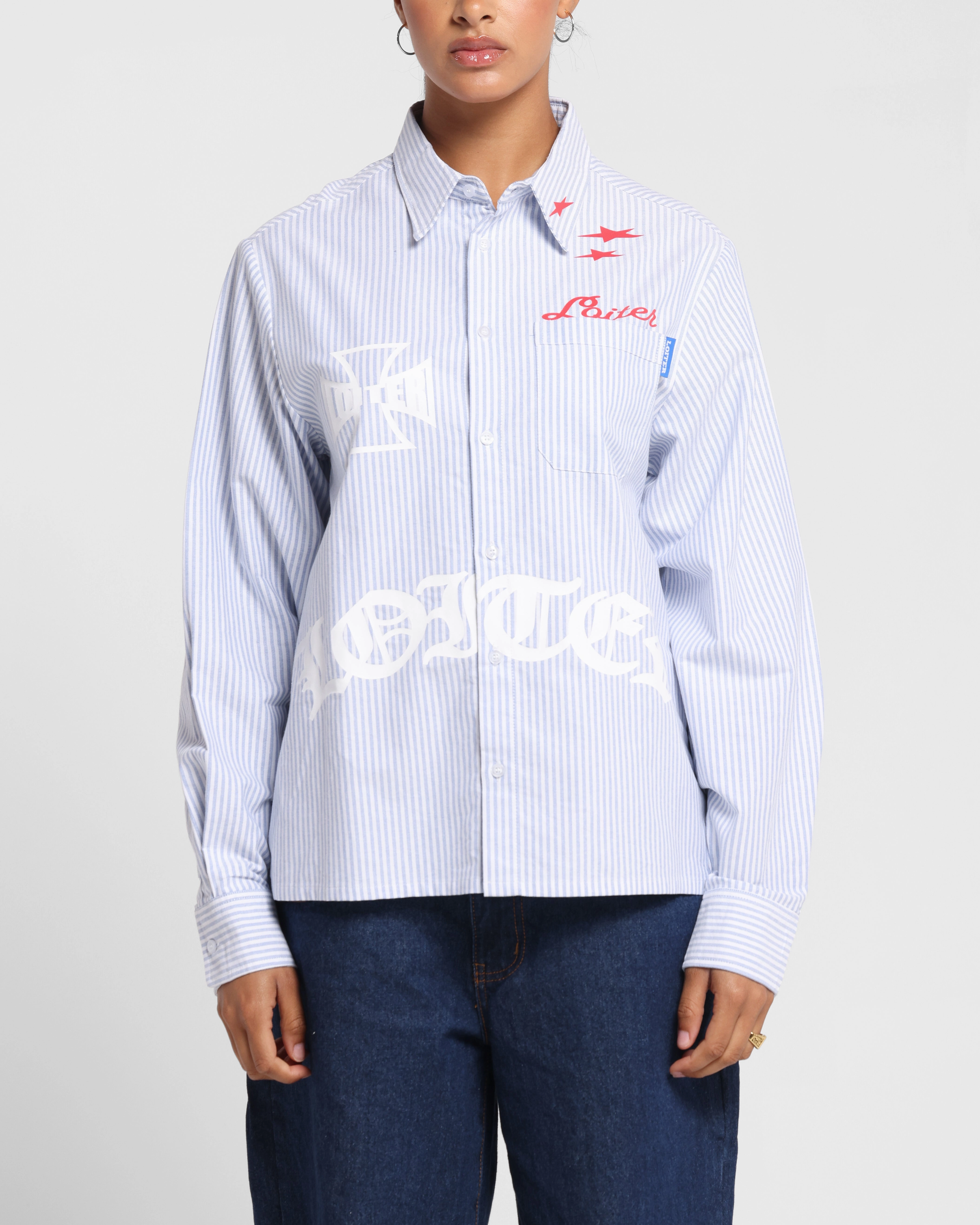 Loiter Chopper Long Sleeve Shirt Blue/White Non Restrictive Cut NonChafeCollarTech