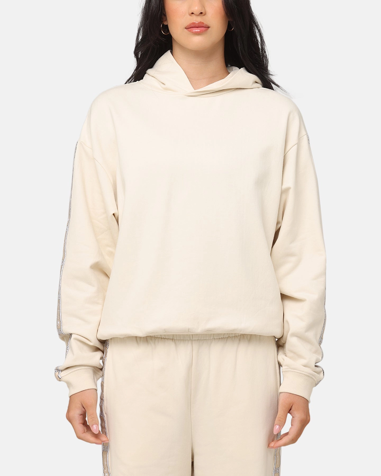 Champion Women's Lux Taping Hoodie Natural QuickDryTech Petal Sleeve Architecture