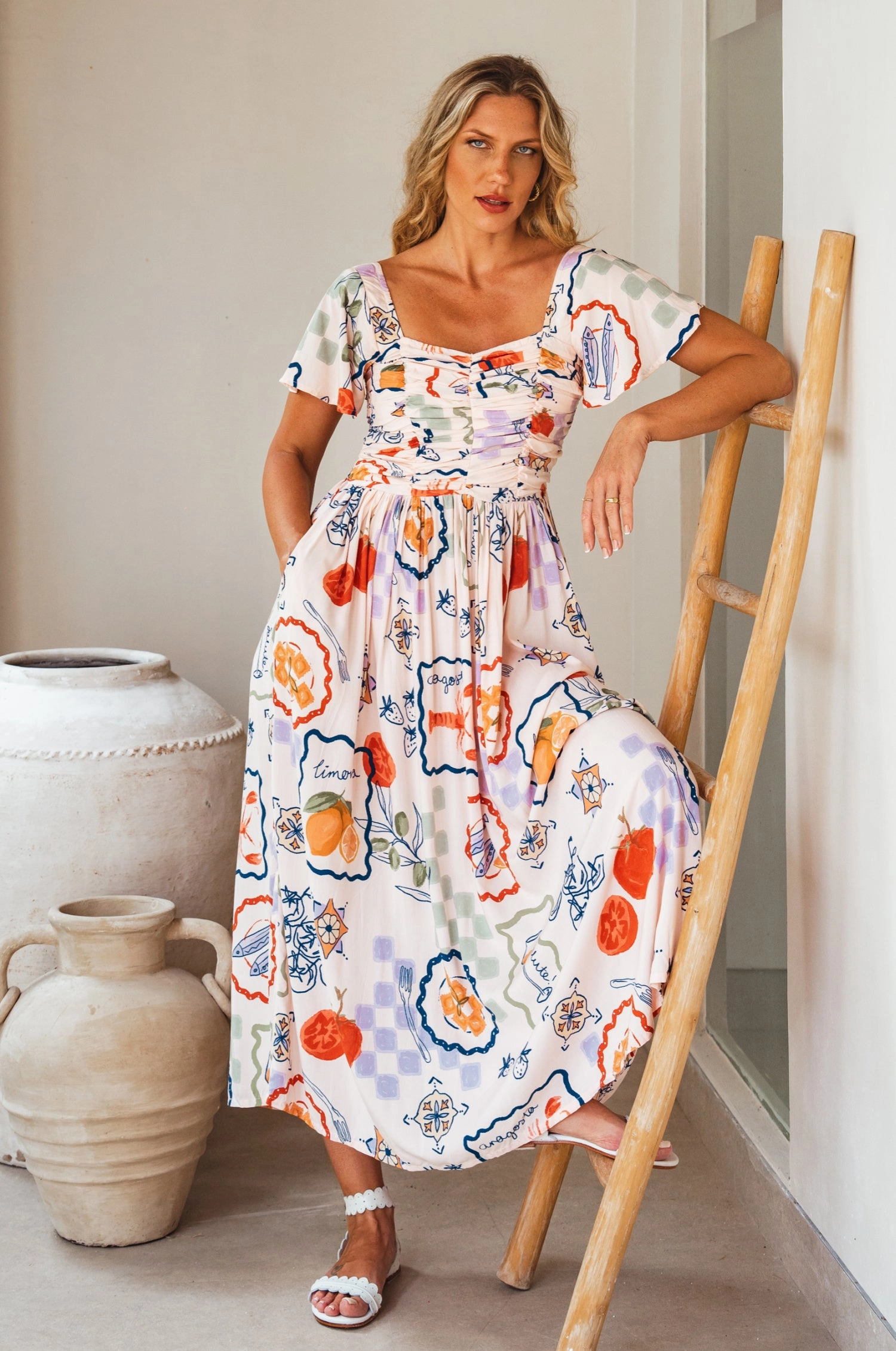 Clemente Gathered Midi Dress Brunch Glow SustainableCotton