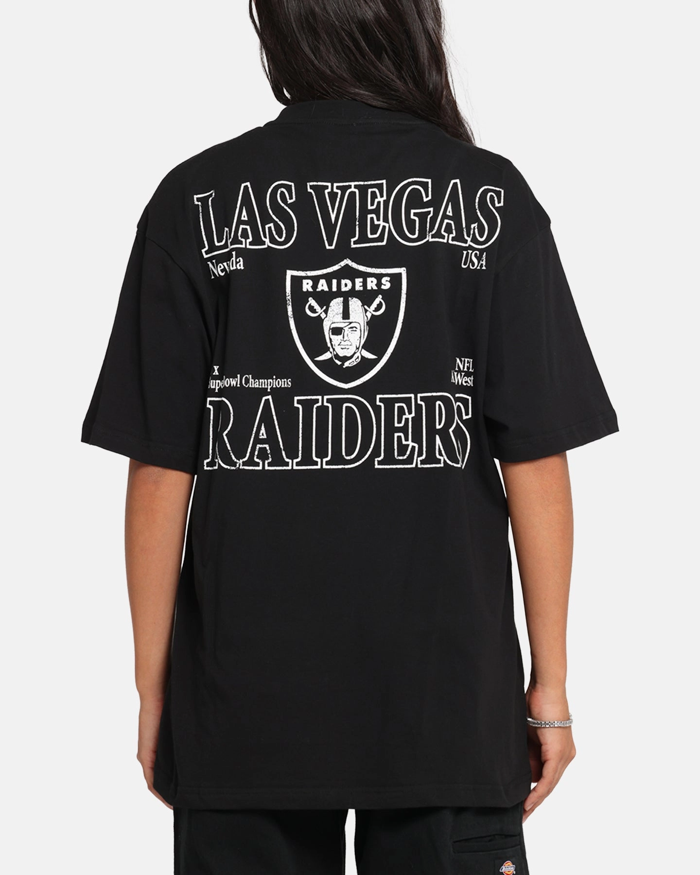 Majestic Athletic Las Vegas Raiders Cassell Wordmark T-Shirt Black Layered Panel Construction Elastic Edge Binding