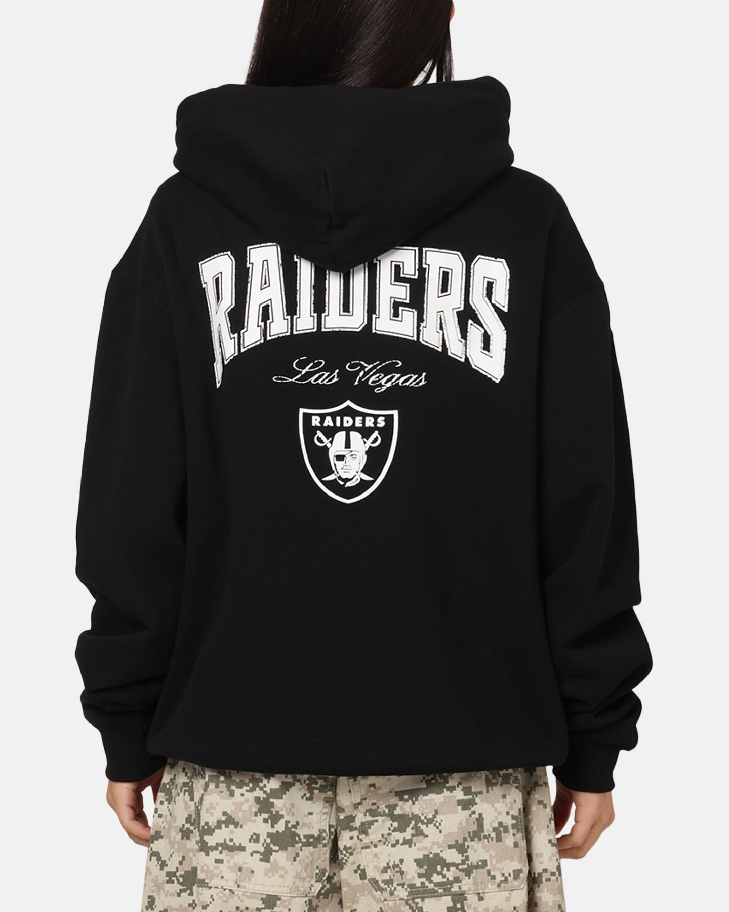 GarmentWashed Texture All Over Print Technique Majestic Athletic Las Vegas Raiders Champs Serial Mono Hoodie Black
